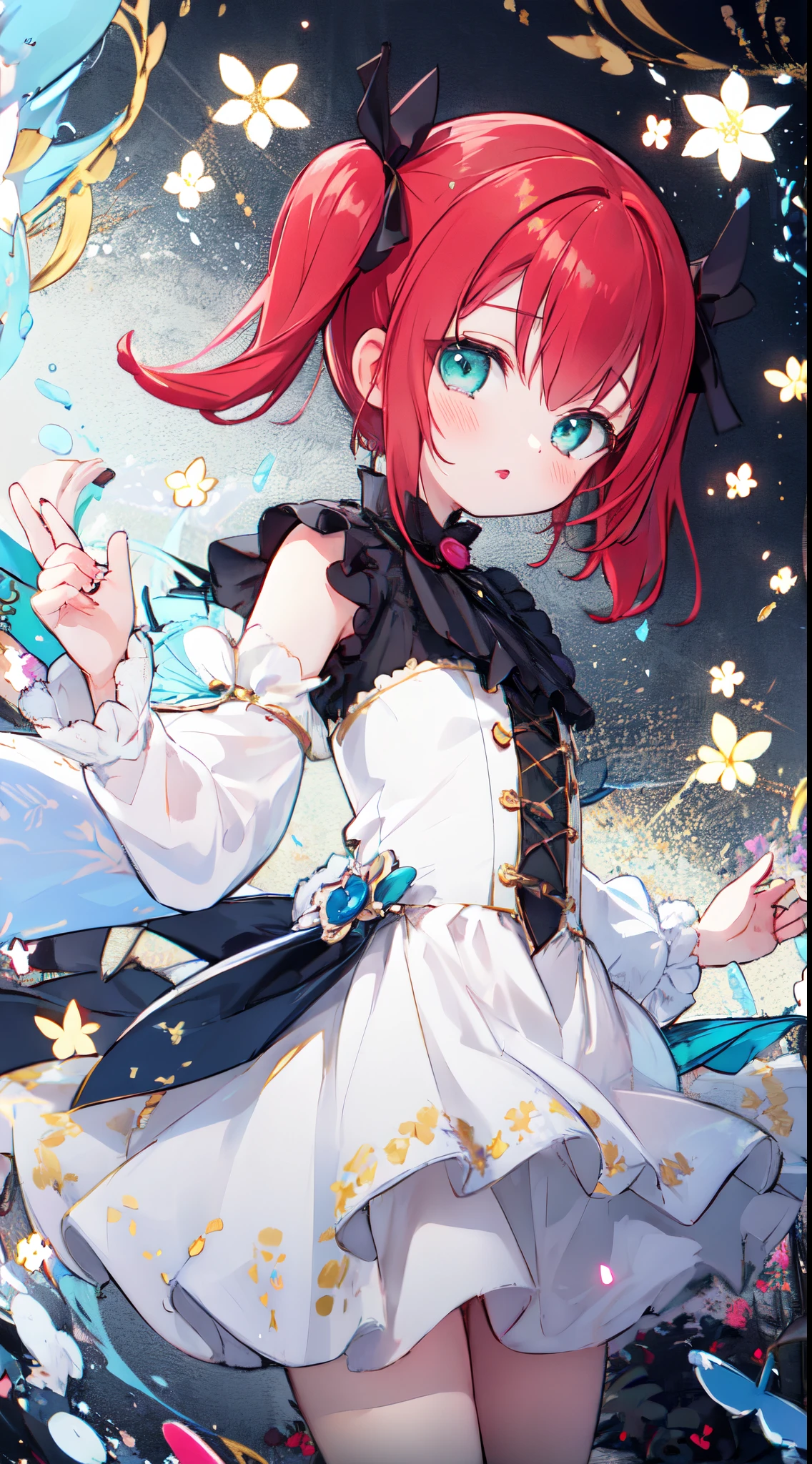ruby kurosawa, aqua eyes, medium hair, red hair, two side up, twintails, very short hair,
