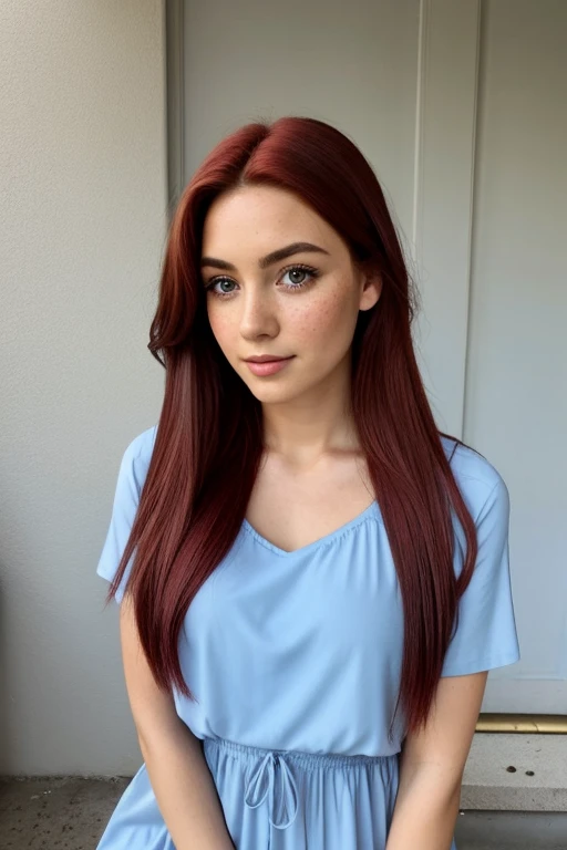 1chica en, edad19, solamente, Aesthetic artwork, Pelirroja irlandesa, cabello ondulado de jengibre, cabello pelirrojo hasta los hombros, ojos grises, ojos grises claros, some small freckles, Pale skin, A-Cup, small breasts, Cuerpo de corredor, (piel texturizada, poros de la piel:1.1), (topos:0.8), piel imperfecta, Piel de gallina, Sit down for a coffee, drinking coffee, (Fondo de pantalla 8K extremadamente detallado), Soft lighting, alta calidad, Film grain, Fujifilm XT3 sharp focus, f 5.6, 50mm, High detail, foco nítido,(Luz natural), con un vestido de color azul marino. Un vestido de verano azul marino, vestido de verano con estampado floral, Detalles locos, Detalles complejos, hiperdetallado