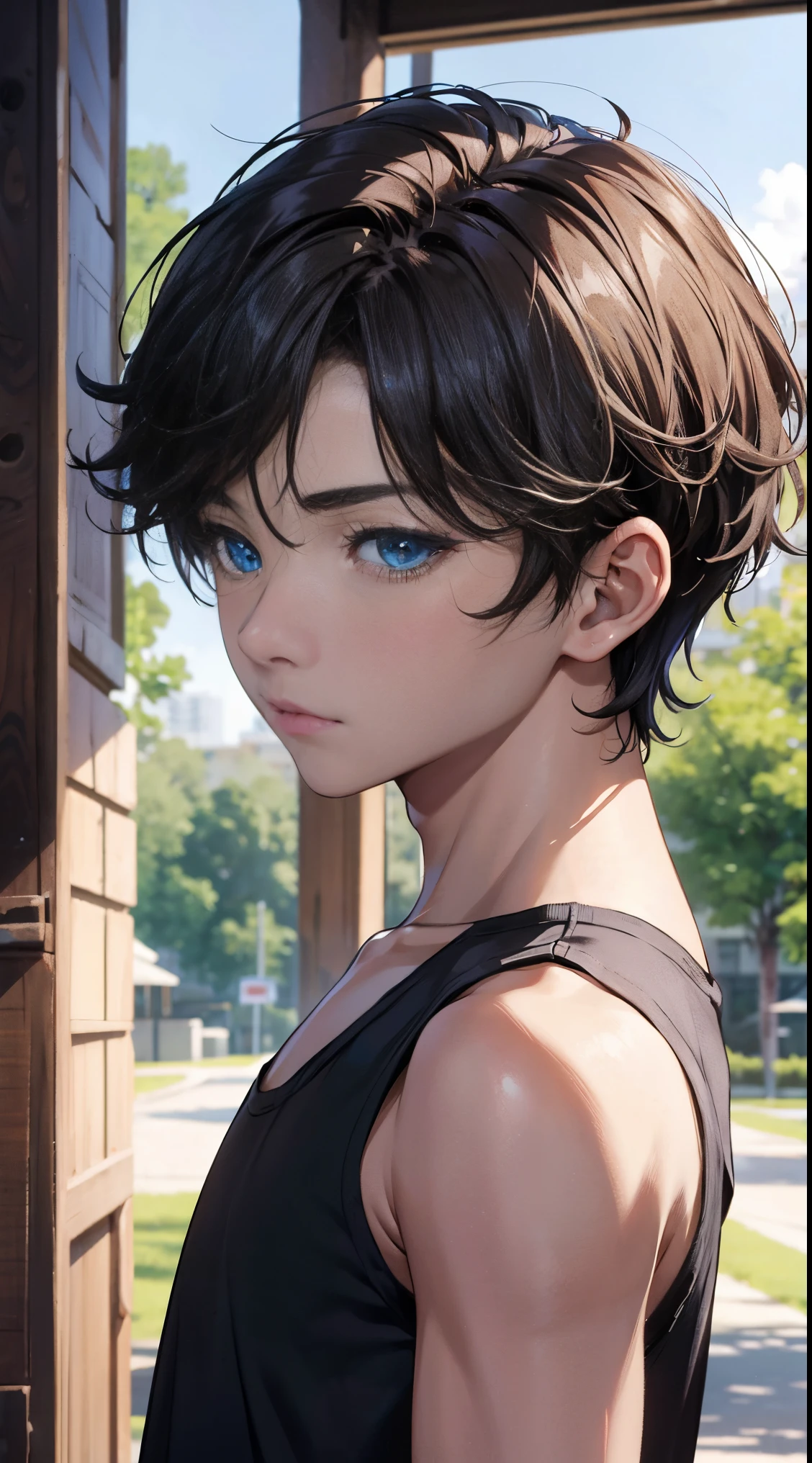 (absurderes、A high resolution、ultra - detailed)、tmasterpiece、top-quality、12-Years-Old-Boy，younge boy、独奏、A handsome、short detailed hair、brunette color hair、eBlue eyeinely eye and detailed face、Seen from the side, Tank top、Real shadows、joy、Connect the ears、The upper part of the body