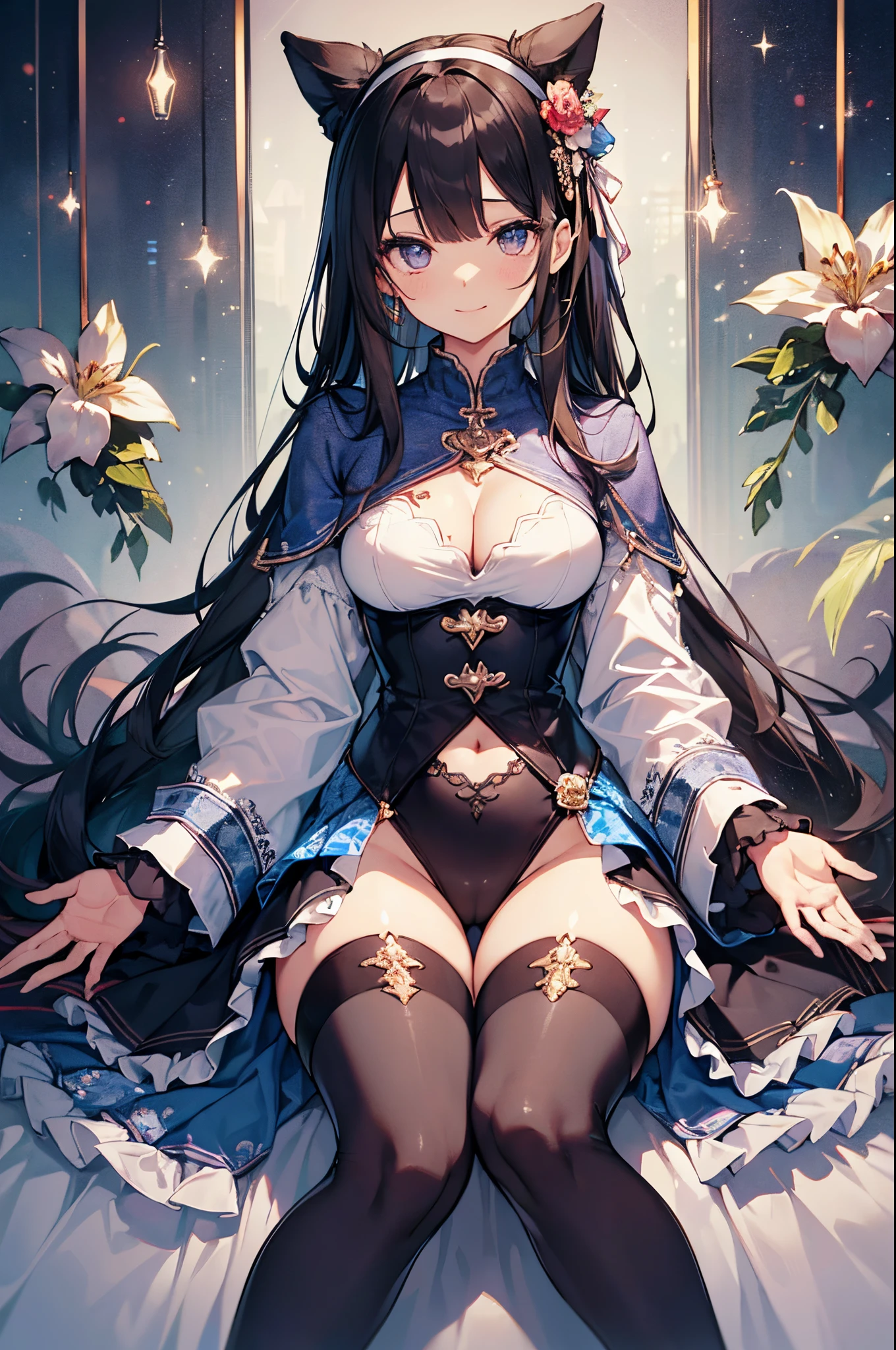 ((top-quality: 1.2、Perfect fingers: 1.2、perfect anatomia: 1.1、Dress perfectly、face perfect: 1.1、4ｋ、8ｋ、Perfect Finger 1.1、Perfect Anatomy 1.1))、Blur the background、(Transformation Sequence)、((priest leotard、、a beautiful slender girl))、Fractal Art、baby-face、((StraiLong)hair)) 、Beautiful big drooping eyes、A smile、Full Body Display、(1 persons)、Quiet Church、long-sleeve、
