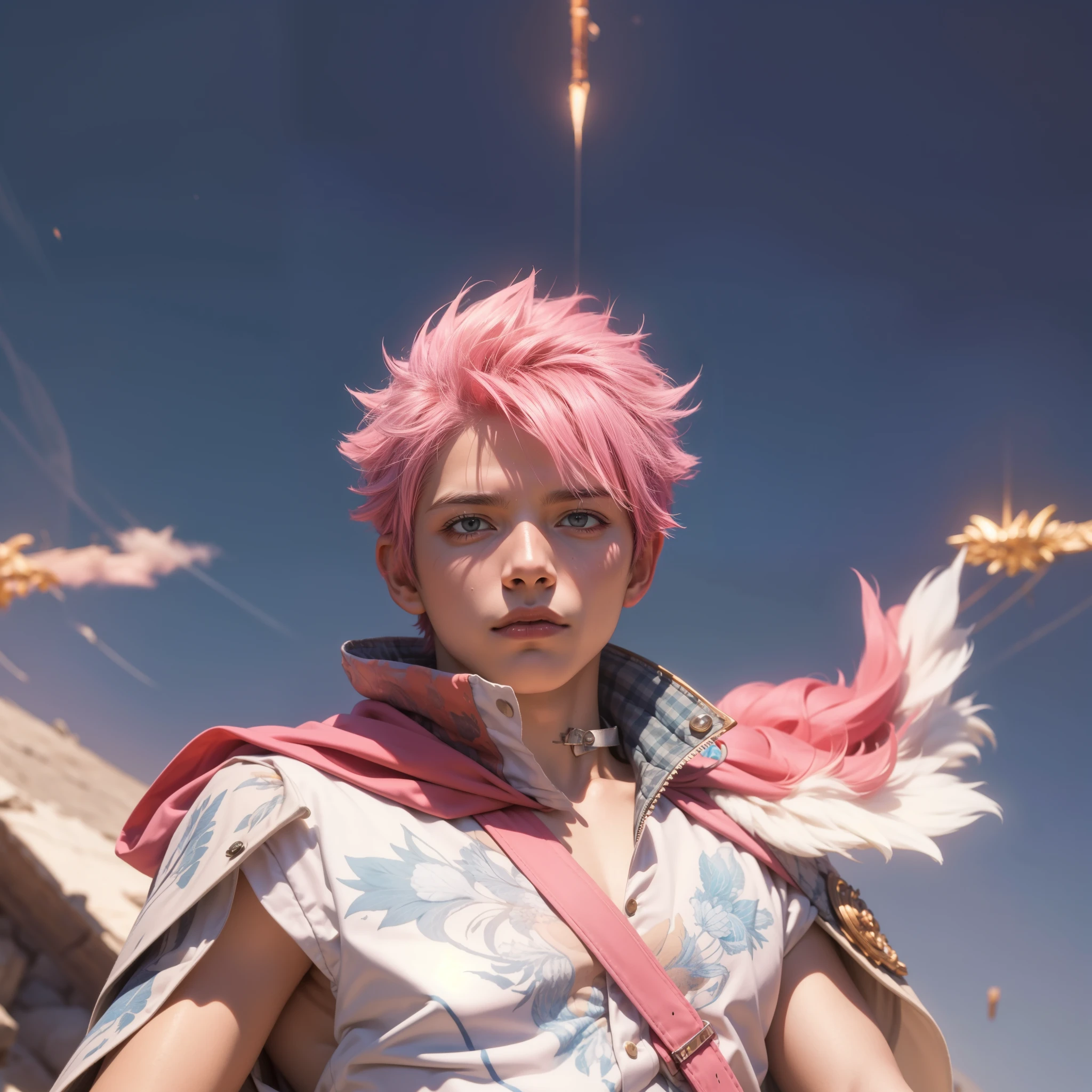 masterpiece, best quality, high quality, 1boy, solo, male focus, looking at viewer, upper body, natsu_dragneel, pink hair