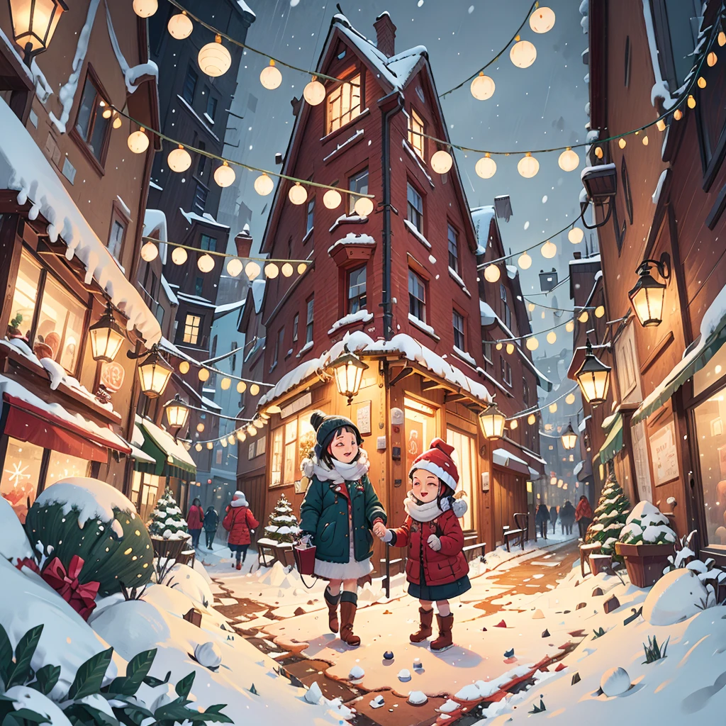 Winter wonderland,Heavy snowfall,long street scene,long street scene,The streets are filled with lights and decorations,Spend the joy and warmth of the holidays together,Festive atmosphere
