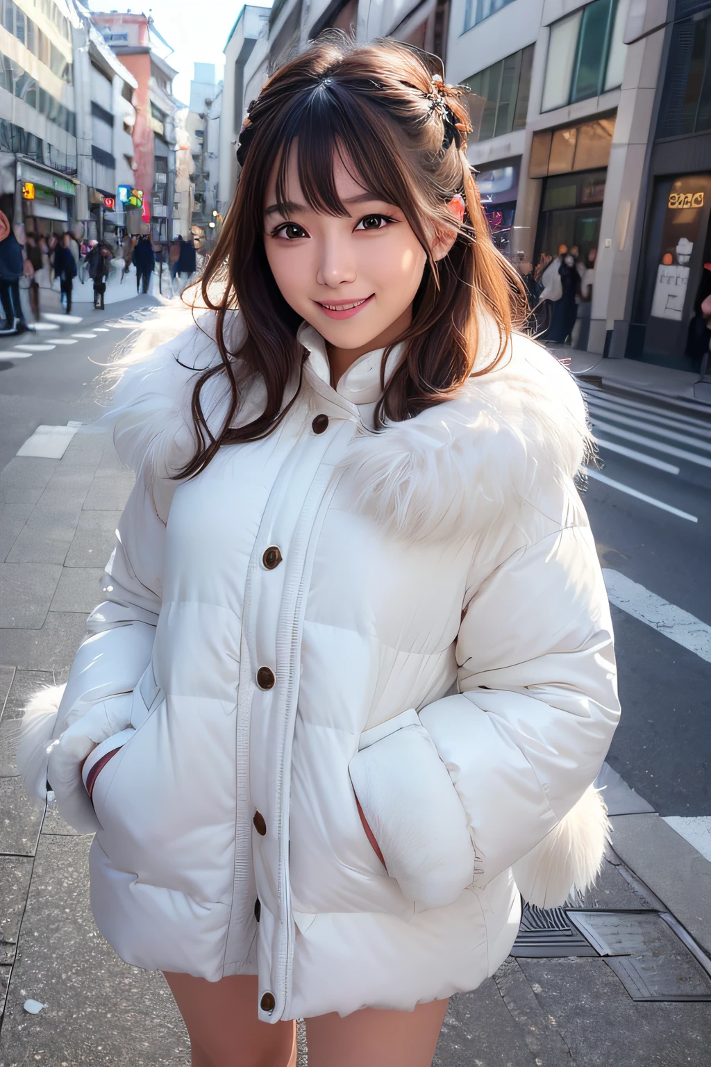 (Highly detailed CG Unity 8k wallpaper, of the highest quality, Ultra-detailed, High resolution, masutepiece, Realistic, Photorealistic:1.5), (cute Japanese girls), extra detailed face, Face Focus, Beautiful detailed eyes, Eye focus, (Detailed background), detailed clothes, super detailed skin, (wearing a plump and fluffy coat:1.5), (Sidewalks in Shibuya:1.5), Midi wavy hair, Brown hair, Floating hair, medium breasts, medium ass, (make up), (Adorable smile:1.3), (Looking at Viewer:1.4), ((Dynamic Pose)),