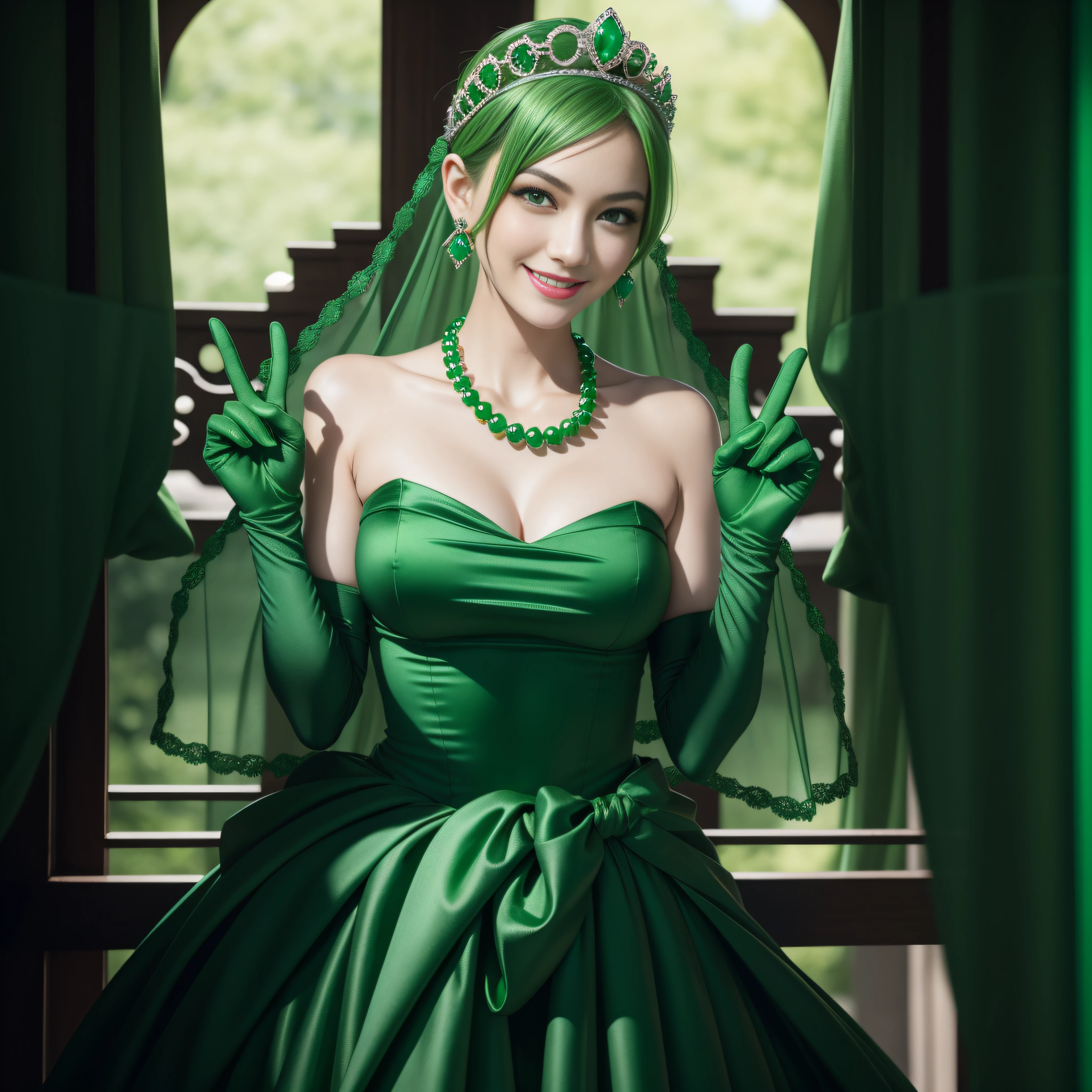 emerald tiara, Green Pearl Necklace, Boyish very short green hair, lipsticks, Japan woman smiling, very short short hair, big breasts beautiful, Green eyes, Long green gloves made of satin material, Green eyes, Emerald Earrings, green vale, v sign