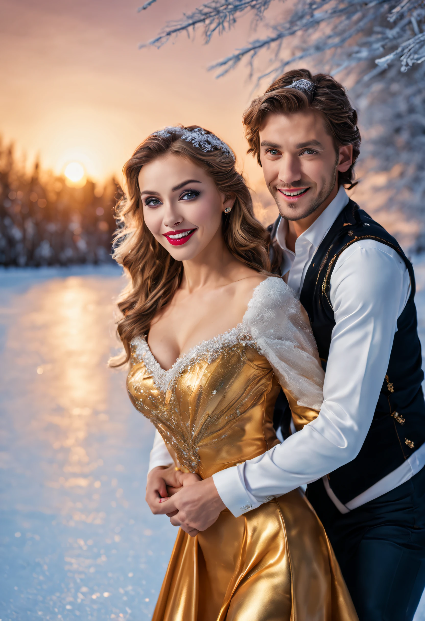 (a man:1.1) (and) (a woman:1.1) (ice skating), (beautiful detailed eyes:1.1), (beautiful detailed lips:1.1), (extremely detailed eyes and face:1.1), (long eyelashes:1.1), (vivid colors:1.1), (photorealistic:1.37), (ultra-detailed), (sharp focus), (winter wonderland), (frozen lake), (snow-covered trees), (glittering ice), (reflective surface), (graceful movements), (elegant costumes), (blissful smiles), (sparkling snowflakes), (dynamic poses), (playful jumps), (frosty breath), (golden sunset), (magical atmosphere), (romantic setting), (joyful expressions), (perfectly synchronized), (crisp air), (magical twirls), (smooth glides), (delicate snowfall), (expressive gestures), (dazzling lights), (professional skilled skaters)