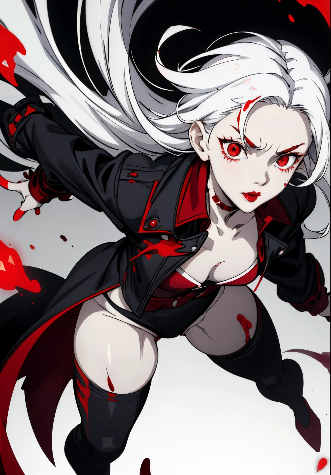 Cute girl, Her hair is short white, sharp eyes, blood running from her nose, beautiful red lips, gloomy face, black jacket.Blood dripping from her nose, full body, White hair, red eyes