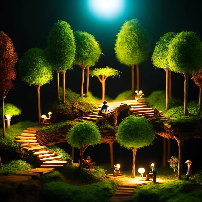 A masterpiece in the form of a wood forest world full of life inside a beautiful, illuminated miniature forest