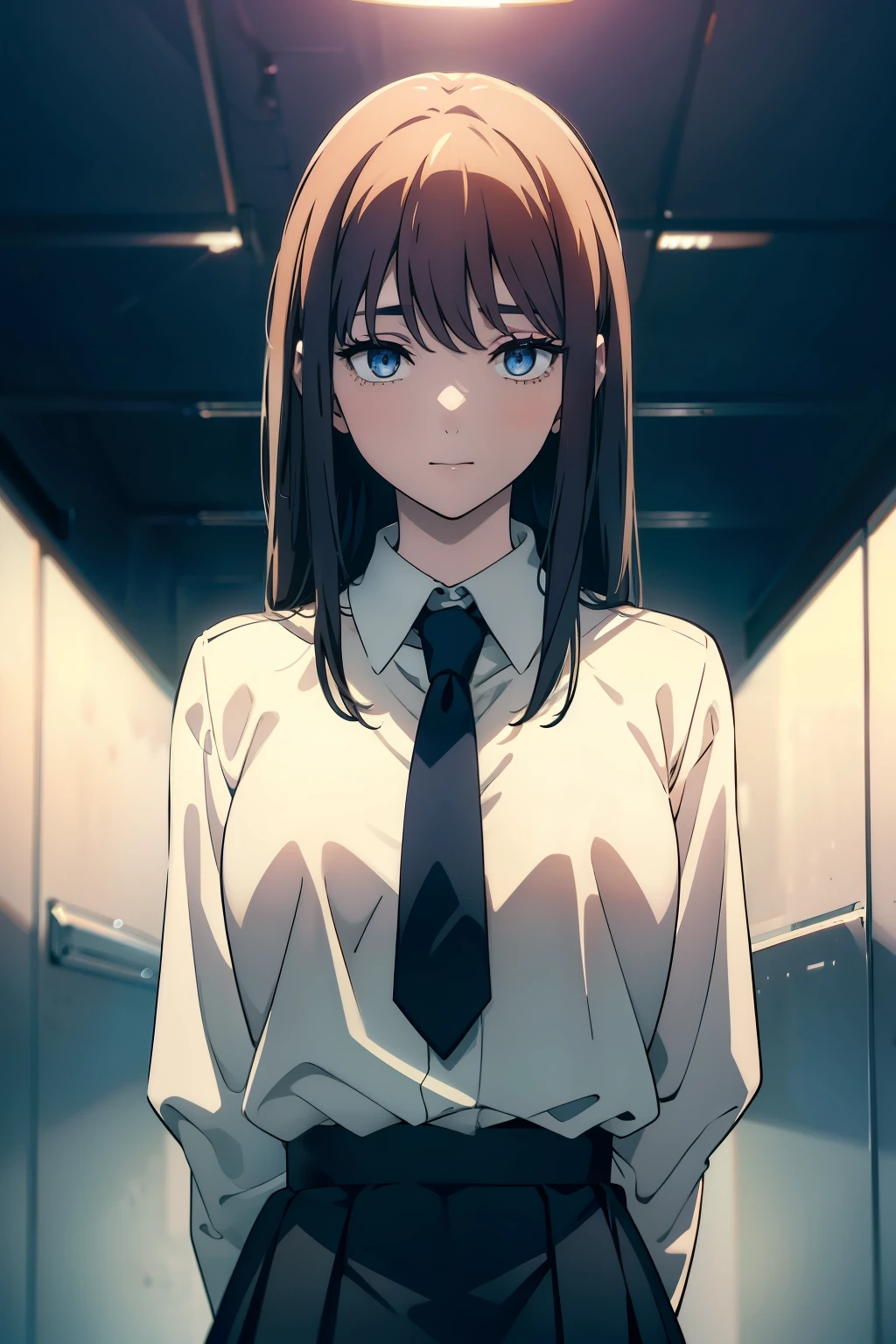 (Obra maestra, La mejor calidad, ultrahigh resolution), 1girl, standing, school uniform, white office shirt, black pleated skirt, ((light brown hair:0.7)), long hair cut, pale skin, ((blue eyes)), glowing_eyes, neon eyes, (ultra detailed eyes, beautiful and detailed face, detailed eyes), ((centered)), smile, ((wide shot)), facing viewer, eye level, (bright summer background), flat chested, looking at viewer, ((half closed eyes)), ((perfect hands)), (((head, arms, hips, elbows, in view))), ((hands behind back)), empty eyes, beautiful cinematic lighting, outside, outdoors, background, (defined subject), 25 years old