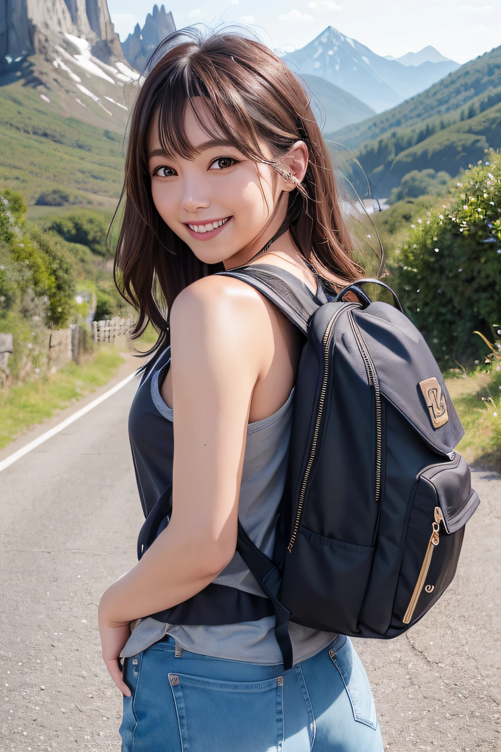 (Highly detailed CG Unity 8k wallpaper, of the highest quality, Ultra-detailed, High resolution, masutepiece, Realistic, Photorealistic:1.5), (cute Japanese girls), extra detailed face, Face Focus, Beautiful detailed eyes, Eye focus, (Detailed background), detailed clothes, super detailed skin, (Wearing a cute tank top:1.6), (Wearing a backpack:1.5), (mont:1.5), Midi wavy hair, Brown hair, Floating hair, medium breasts, medium ass, (make up), (Adorable smile:1.3),
