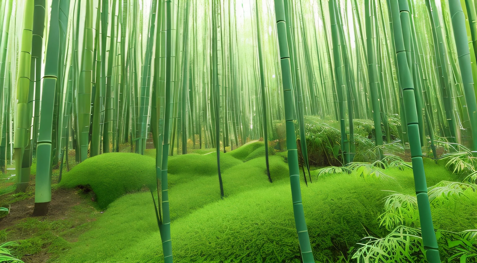 Close-up of bamboo forest,there are many tall trees, Original high-definition hand-painted scene of a wooden house with bamboo shoots under the bamboo forest