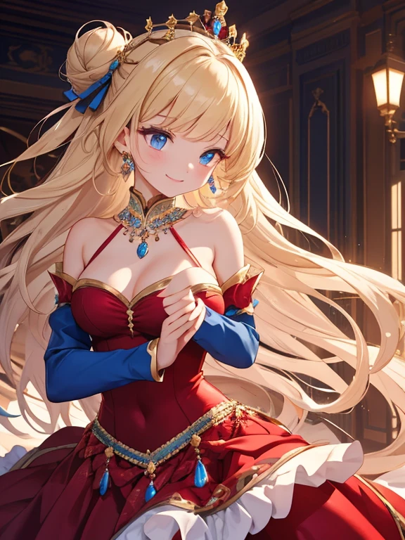 //Character 1girl, my intimate princess, slim and soft, medium large breast, ultra detailed face, innocent, round face, thin eyeblow, sparkly pupils, translucent skin, extra long hair, blonde hair, curly hair, side swept bangs with a bun, BREAK
//Fashion Her outfit is celebration of the anniversary, it connsists rich red evening dress with black trim , gold tiara, full length skirt is fluffy and delicate pattern, chiffon veil, delicate high heel, luxury, BREAK
//LOCATION
at a ballroom, BREAK
// behavior
dancing with a prince ,(the prince is noble and smart, wearing blue attire, luxury, crown on his head), hugging passionately, grinning, smiling full of compassion, (close up:1.2)