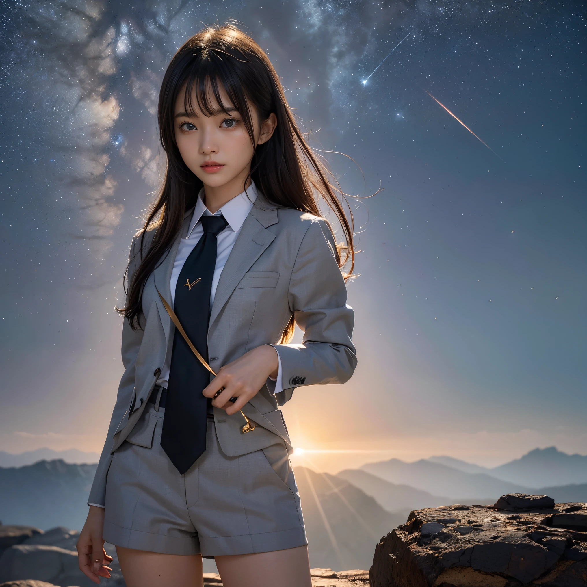 (masutepiece, Best Quality:1.2), 8K, Official art, Wearing a suit、Photo of Five Fingerl&#39;s body, full body Esbian、Suit Beauty、Big Dipper in the background、star explosion、Beautiful barefoot woman with dark hair, hold a flame in your right hand、tie a tie with your right hand、Turn your face up、looking-down、cool expression、Bright lava light rises above the broken Earth from beneath the asteroid belt(Jagged rock rocks and fragments shot into the air:1.3) (Storm of windy dust debris:1.1) Volume fogmist by trace Z、It can allow bright light from below to pass through、 (​masterpiece) (top-quality) (detaileds) (8K) (电影灯光) (foco nítido) (Convoluted)A dark-haired、14years、small tits、A delightful、A smile、unbelievable Ridiculous, (a beauty girl, Pretty Face, arching back down, Gold hair ornament on hair、wearing a suits、close up, Wearing a suit, Short sleeve, gardenia, violaceaess, spaces , Looking at Viewer, Film grain, chromatic abberation, Sharp Focus, face lights, Dynamic lighting, Cinematic lighting, Eyes and faces with detailed, (Gray tie、1 copy:1.2)