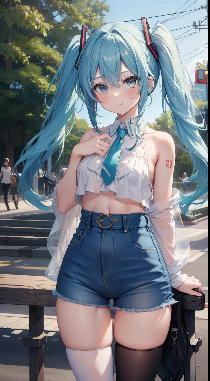 (masterpiece), (best quality), (4k resolution), (anatomy; perfect), character Hatsune Miku, 1 adult girl, light skin, blue eyes, (big blue hair), (locks, bangs), tied hair two sides, (hair lighting effects), eyebrow, nose, ear, tight mouth, smile, short blouse, short denim shorts, tight tights, (big chest), (perfect belly), (perfect waist), thick legs thick thighs, standing, backdrop, in the park, beautiful day, lighting, looking at viewer