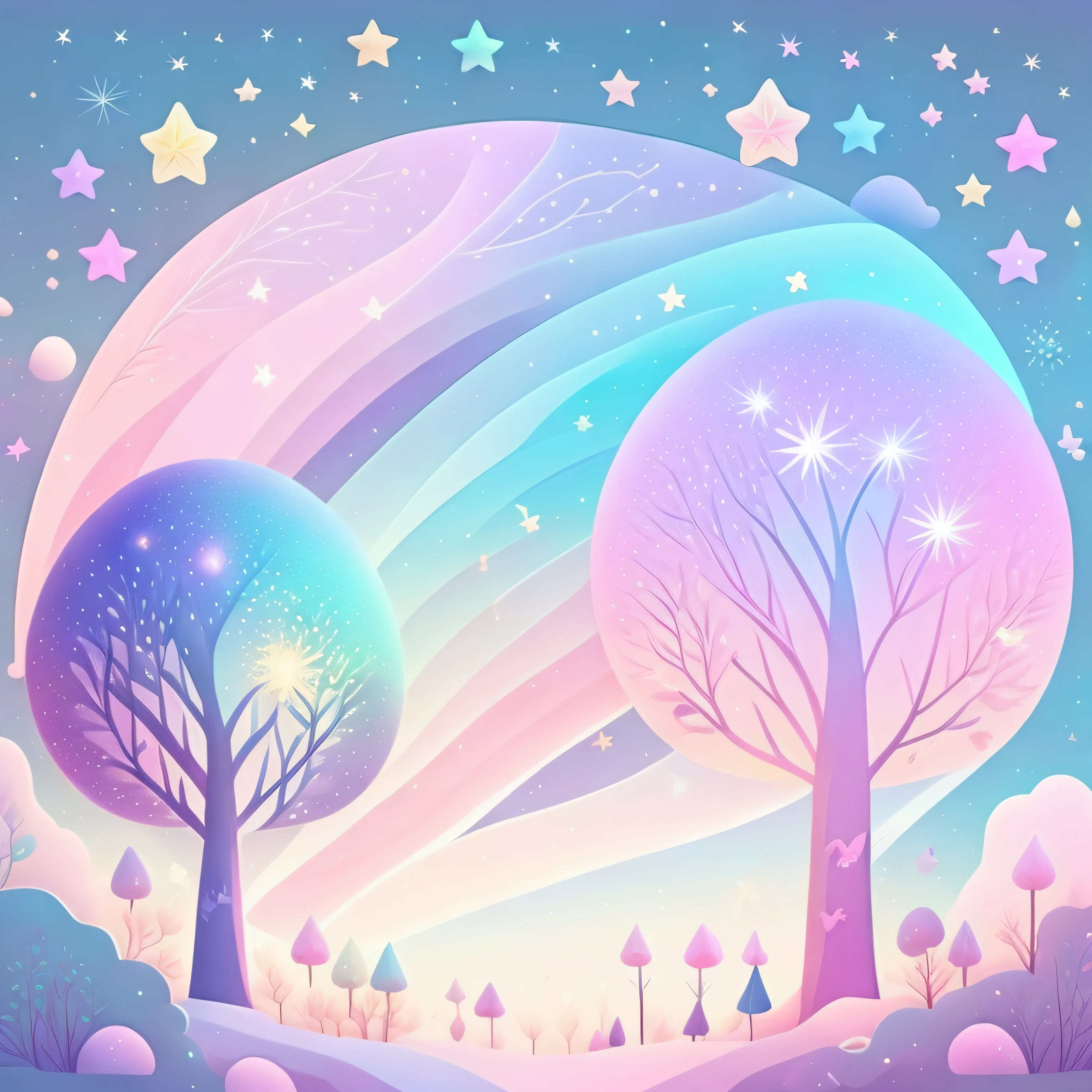 Various beautiful trees, cartoon illustration, sky in a gradient of pastel colors with twinkling stars. Immerse yourself in a mystical world full of magical elements (weighted at 0.9).