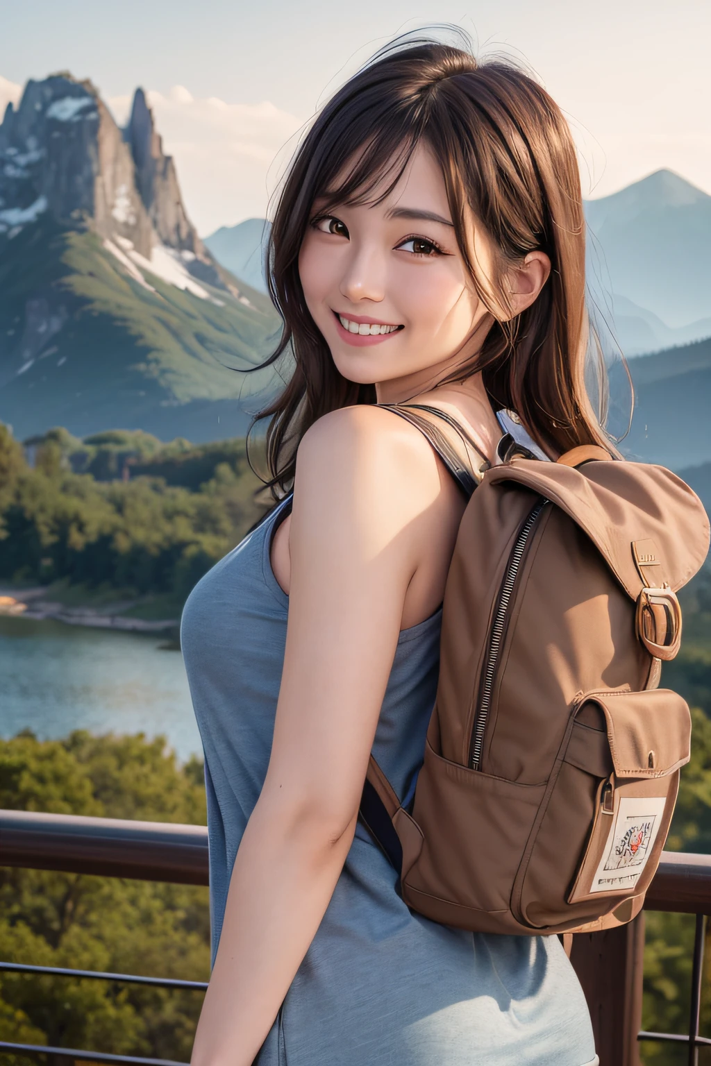 (Highly detailed CG Unity 8k wallpaper, of the highest quality, Ultra-detailed, High resolution, masutepiece, Realistic, Photorealistic:1.5), (cute Japanese girls), extra detailed face, Face Focus, Beautiful detailed eyes, Eye focus, (Detailed background), detailed clothes, super detailed skin, (Wearing a cute tank top:1.6), (Wearing a backpack:1.5), (mont:1.5), Midi wavy hair, Brown hair, Floating hair, medium breasts, medium ass, (make up), (Adorable smile:1.3),