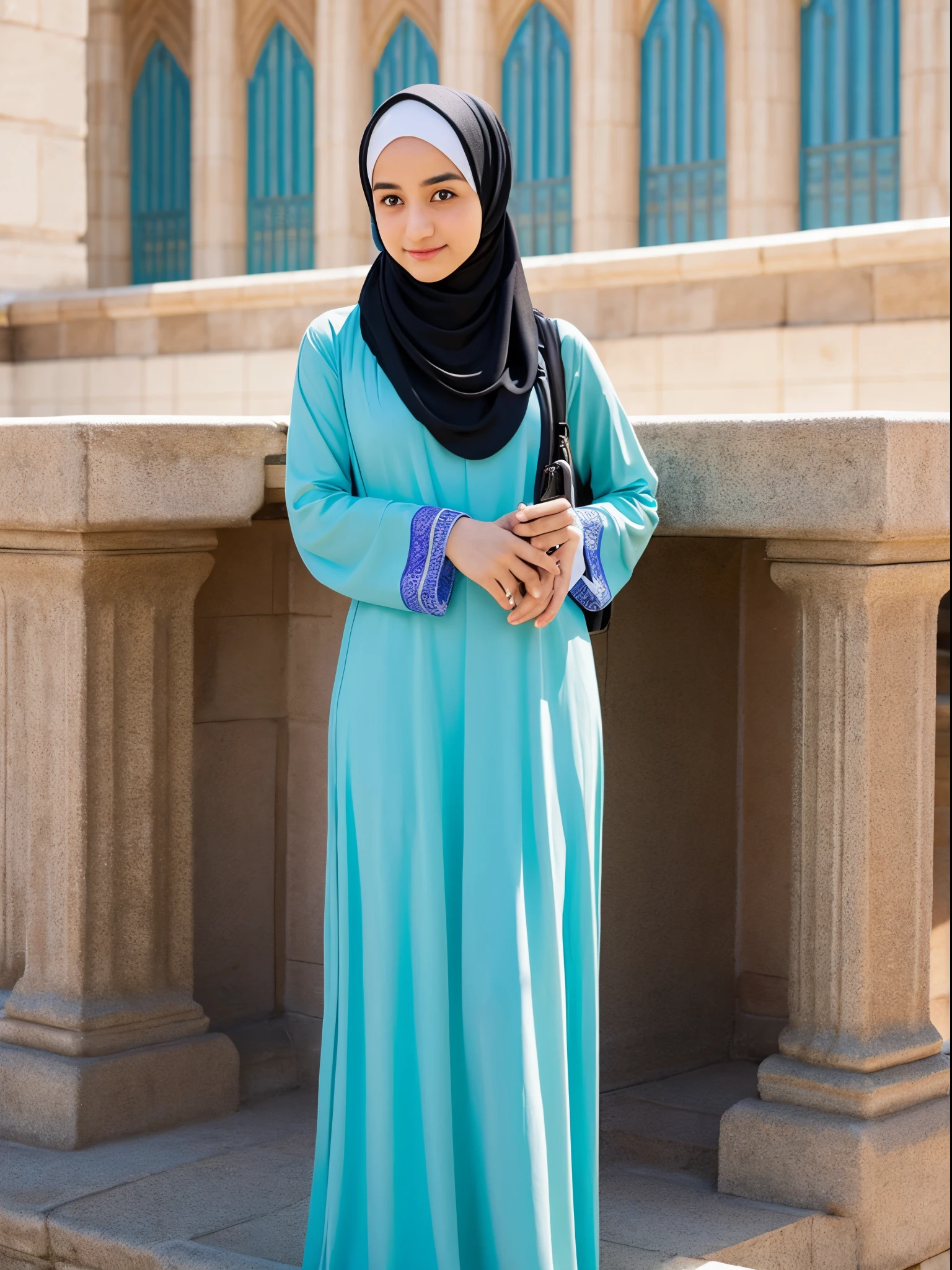 Brunette model, standing, making eye contact, smiling, 23 years old, , natural, hijabi,
