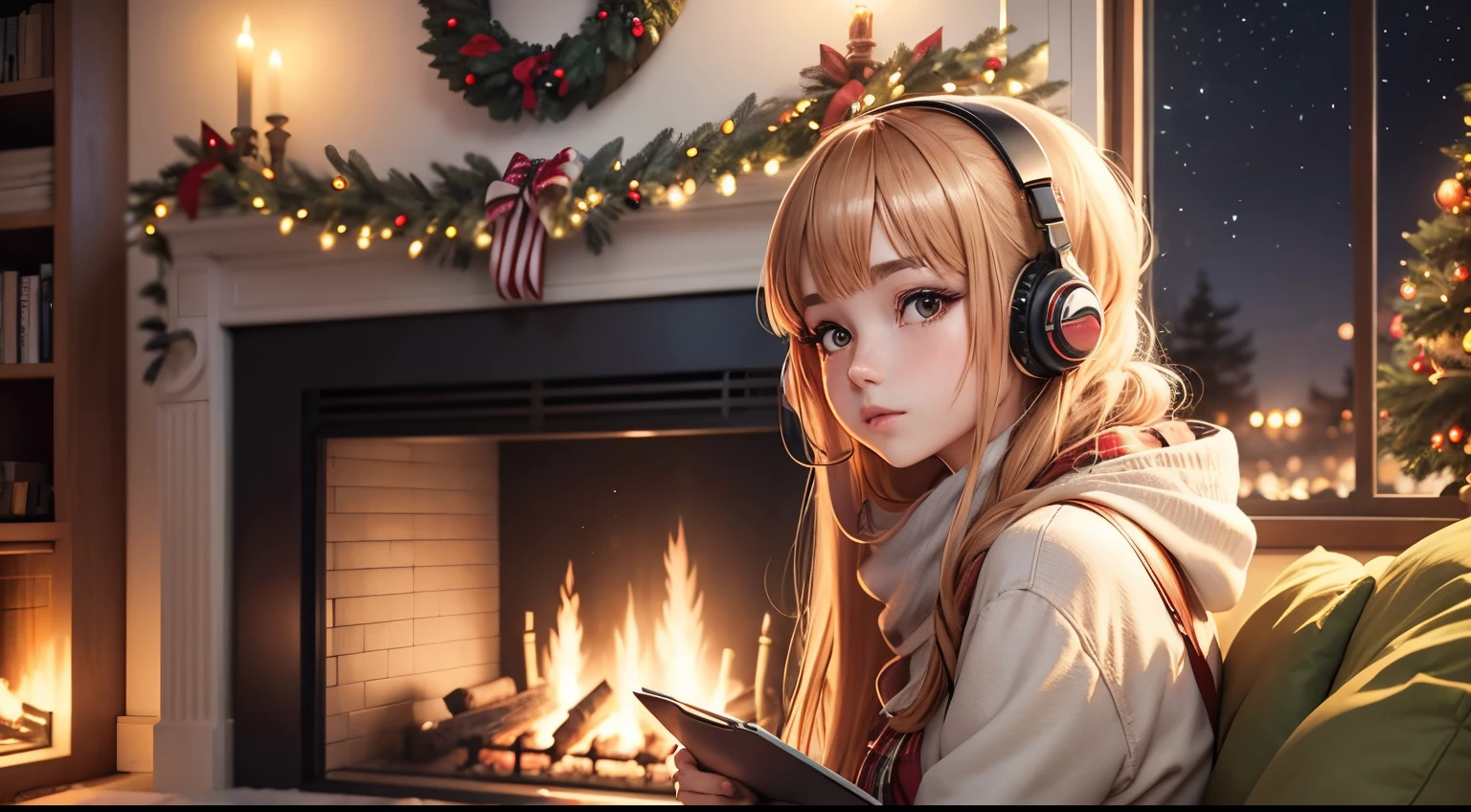Anime girl listening to music in the wonderful New Year decoration Christmas tree and fireplace with open fire