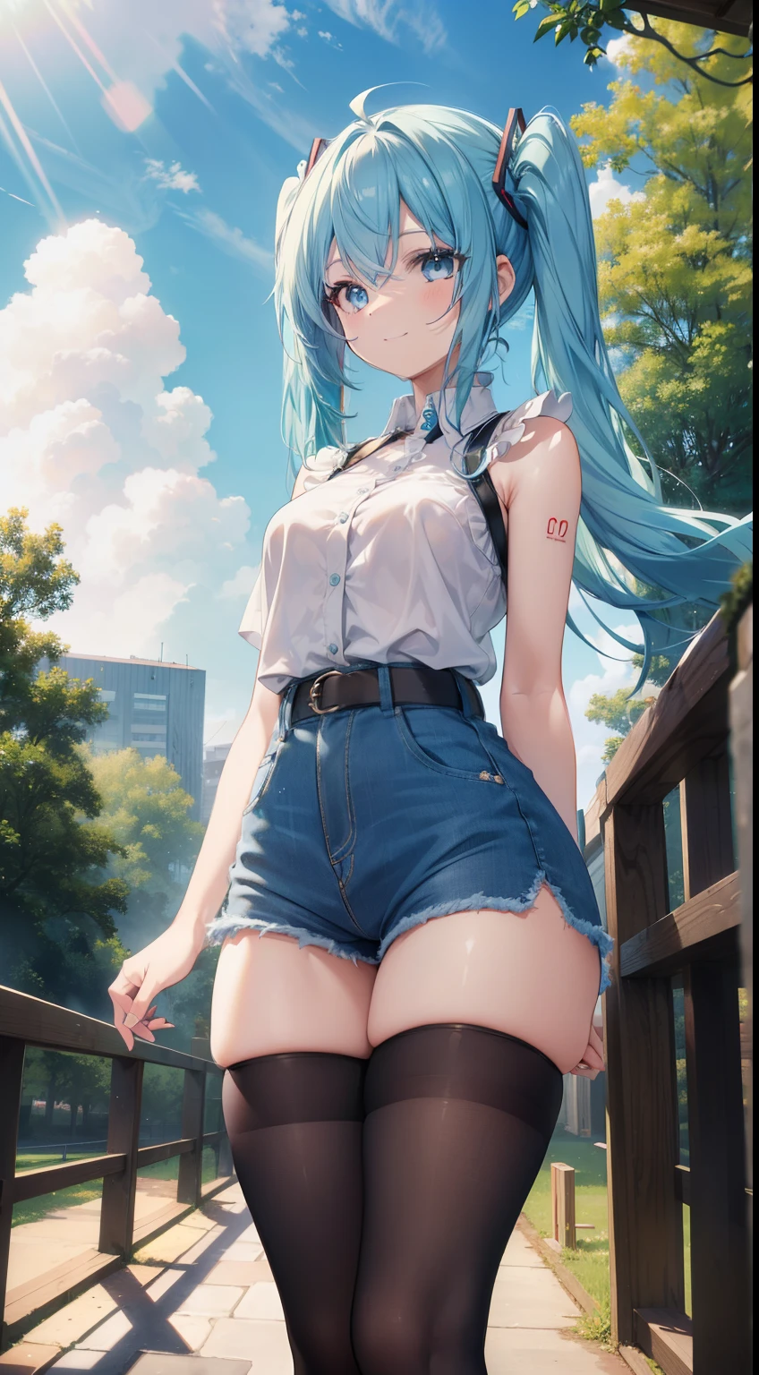 (masterpiece), (best quality), (4k resolution), (anatomy; perfect), character Hatsune Miku, 1 adult girl, light skin, blue eyes, (big blue hair), (locks, bangs), tied hair two sides, (hair lighting effects), eyebrow, nose, ear, tight mouth, smile, short blouse, short denim shorts, tight tights, (big chest), (perfect belly), (perfect waist), thick legs thick thighs, standing, backdrop, in the park, beautiful day, lighting, looking at viewer