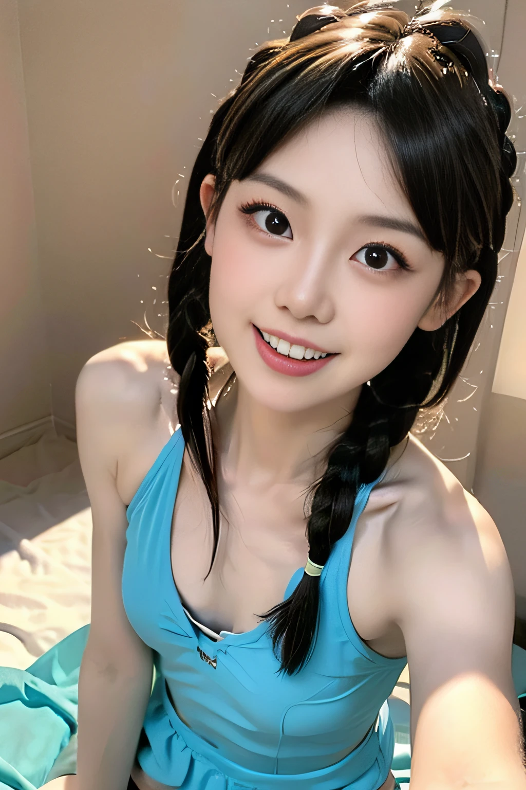 8K, masutepiece, Beautiful Model Girl, 28 year old, (((adorable girl))), skinny, thin waist, (flat-chest), heart shape face, ((smile showing teeth)),  Big eyes, eye make up, eye line, ((Swimsuit)), (((light braided hair))),  (hair ponytail),, Cute face, very excited, Thin body, skinny body, Small chest, ,, laying on stomach, , Playful, Big smile,  ((Small chest)), Full body, (((Top-down camera angle of a girl looking up at the camera))),