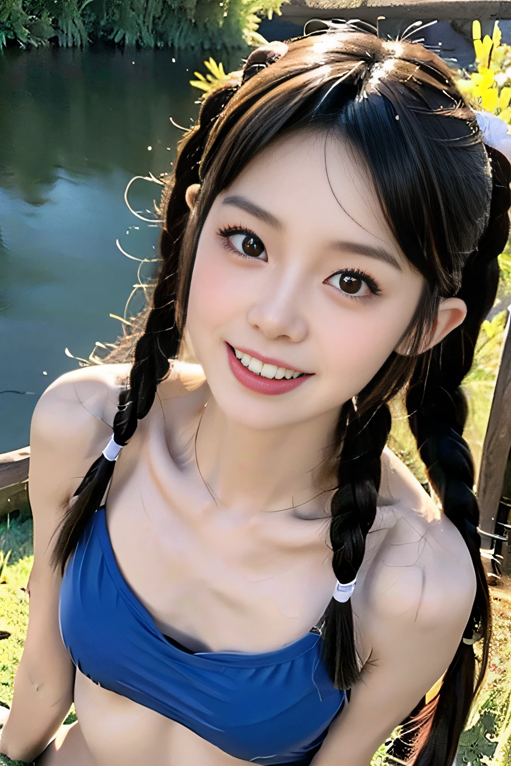8K, masutepiece, Beautiful Model Girl, 28 year old, (((adorable girl))), skinny, thin waist, (flat-chest), heart shape face, ((smile showing teeth)), Big eyes, eye make up, eye line, ((Swimsuit)), (((light braided hair))), (hair ponytail),, Cute face, very excited, Thin body, skinny body, Small chest, ,, laying on stomach, , Playful, Big smile, ((Small chest)), Full body, (((Top-down camera angle of a girl looking up at the camera))),