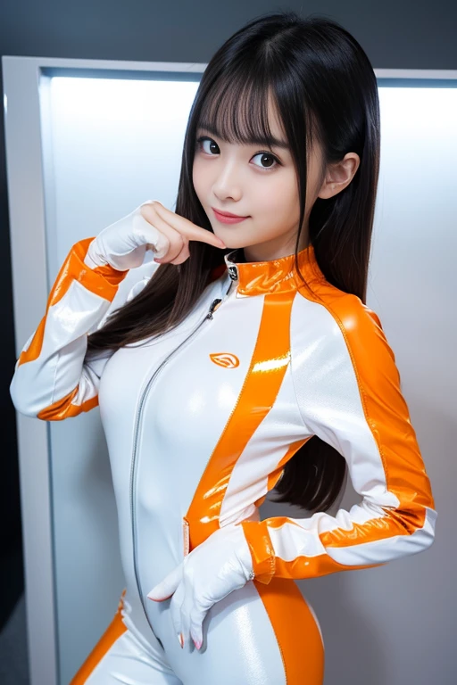 (Place your index finger on your chin, bend the index finger, Shiny rubber suit, gazing at viewer, Leaning forward, 1 girl, Looking at Viewer, from the front side, facing straight at viewer, white and orange clothes, White Gloves, futuristic spacesuit, Inside the spaceship room),
Smile, Upper body, body suit, Mini Pencil Skirt, High neck clothing, Hide the neck, drooping eyes, Head tilt, masutepiece, Best Quality, an extremely cute girl, 20 years old, Black hair, orange line in the center of the clothes
