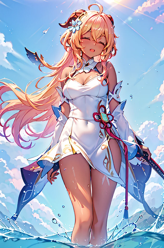 Best quality at best, tmasterpiece, Incredibly beautiful, very elaborate 8K wallpaper, otherworldly beautiful girl, , (Dark skin), (blonde hair pink gradient hair), Side pony, intermittently, Open your mouth and laugh, Long eyelashes, cosmetics, Close her eyes, (zoomout, The large, BigREAK, 夏天, Beachy, (比基尼), Reflection in the water, (Floating water drops blur foreground), (blue-sky), lens flare glow, (water splash), rays of sunshine,