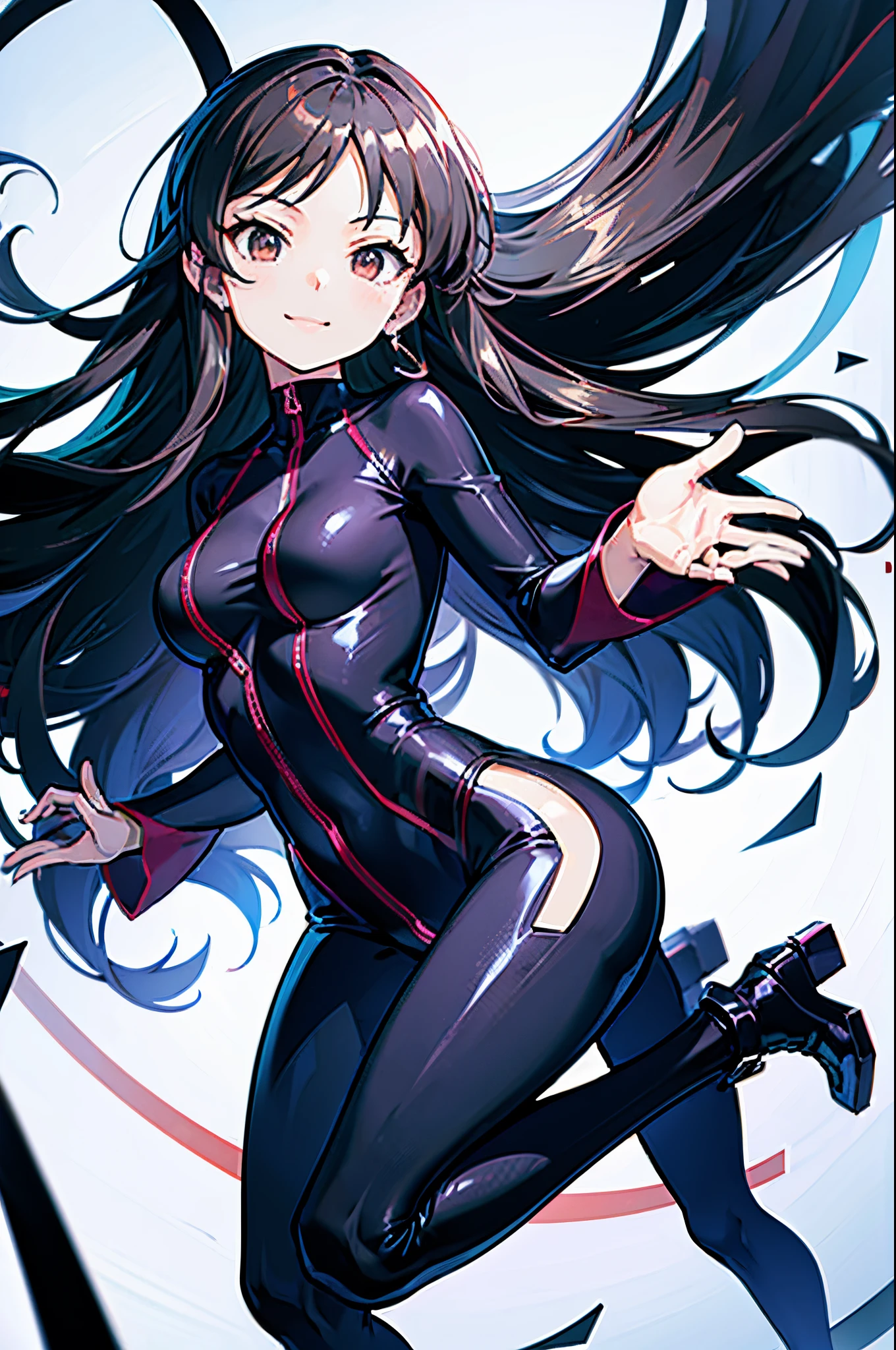 Carefully draw the face High-quality faces in anime style Dark hair Black full body suit seductiv a smile Rear view