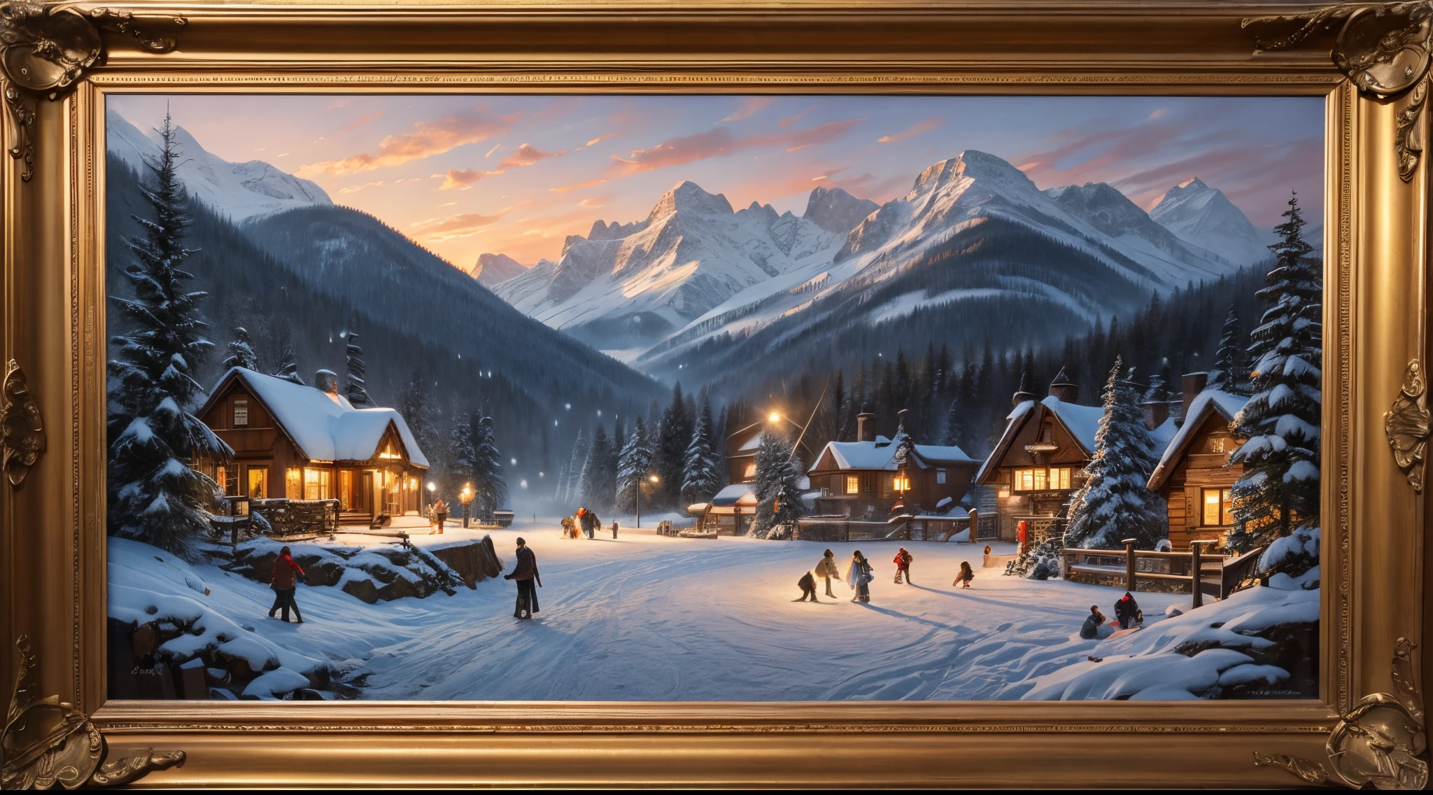 Romanticism period masterpiece depicting a jubilant holiday setting, families gathering in a snowy village square, children playing with wooden toys, couples skating on a frozen pond, framed by evergreen trees dusted with snow, warm glow from cottage windows, distant mountains catching the last light of day, oil on canvas texture, dramatic lighting, soft brushstrokes, rich earthy tones intermingled with vibrant holiday reds and greens, ultra fine, 19th-century costume detail, golden ratio