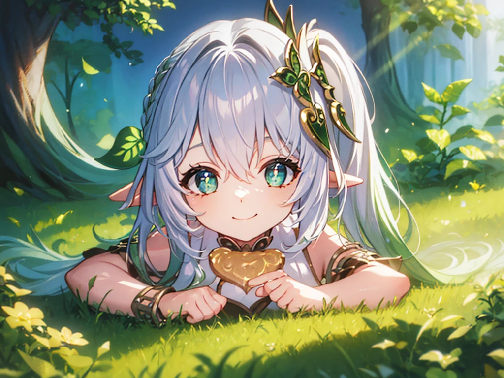 dress, , lying down, clothing, outside, smiling, sunny, bright sunlight, grass, pointy ears, hair ornament, white hair, green hairstreak, side ponytail, masterpiece, best quality