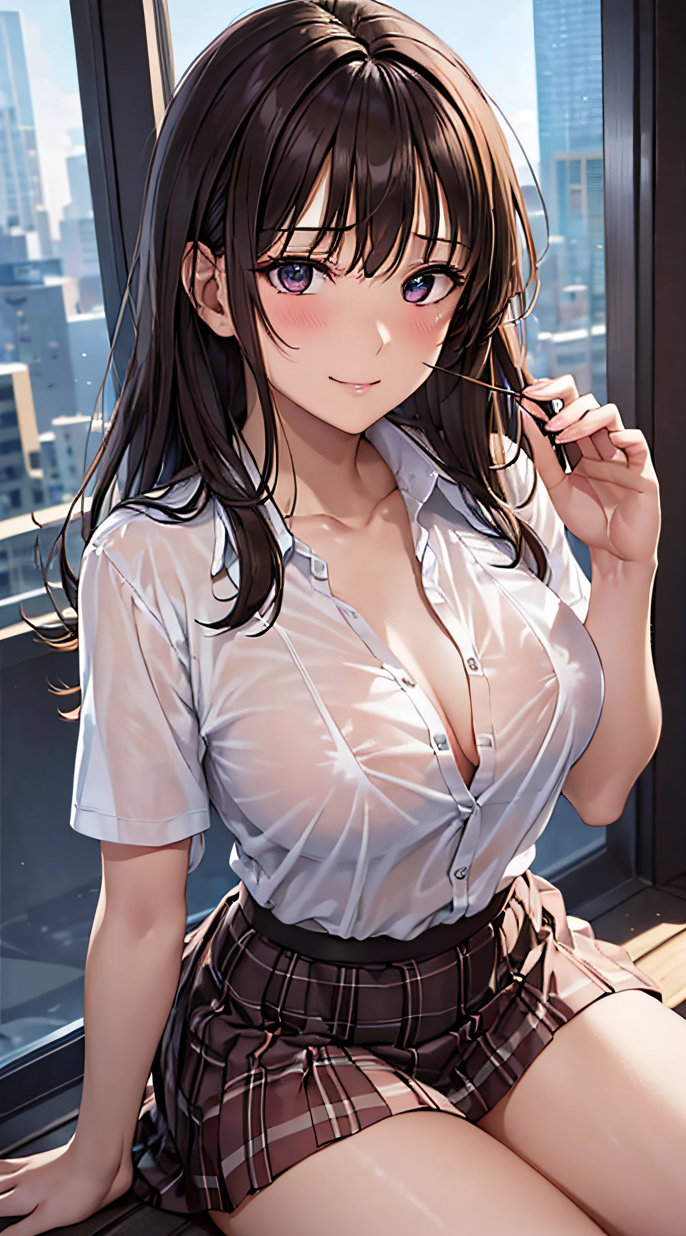 ((masutepiece, Best Quality, hight resolution, nffsw, Perfect Pixel, 4K, nffsw, nffsw))), 1girl in, Single, Solo, Beautie、full body seen、 ((Middle Wave Hair, Bangs, Brown hair)), ((Brown-eyed, Beautiful eyelashes, Realistic eyes)), ((Detailed face, Blushing:1.2)), ((Smooth texture:0.75, Realistic texture:0.65, Photorealistic:1.1, Anime CG style)), medium breasts, Dynamic Angle, Perfect body, ((School uniform, White shirt, Black skirt, Unbuttoned shirt、(no-bra、See-through nipples)、plaid skirts、)), Classrooms without people、early evening、((((all-fours、Looks Back、Transverse breasts))))、Very embarrassing panic smile、(Pink floral lace panties)、、(Cute floral bra)、