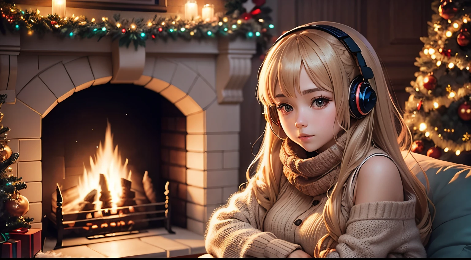 Anime girl listening to music in the wonderful New Year decoration Christmas tree and fireplace with open fire