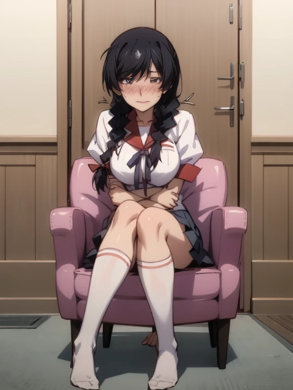 Stema Peace、 (nose blush, Naughty, half opened eye, ), [Full body shot]、Full body shot,body piercings,Large open legs、Head-to-toe shots、hanekawa tsubasa、her black hair is tied into two braids、eye glass、Colossal tits、Wearing white socks、