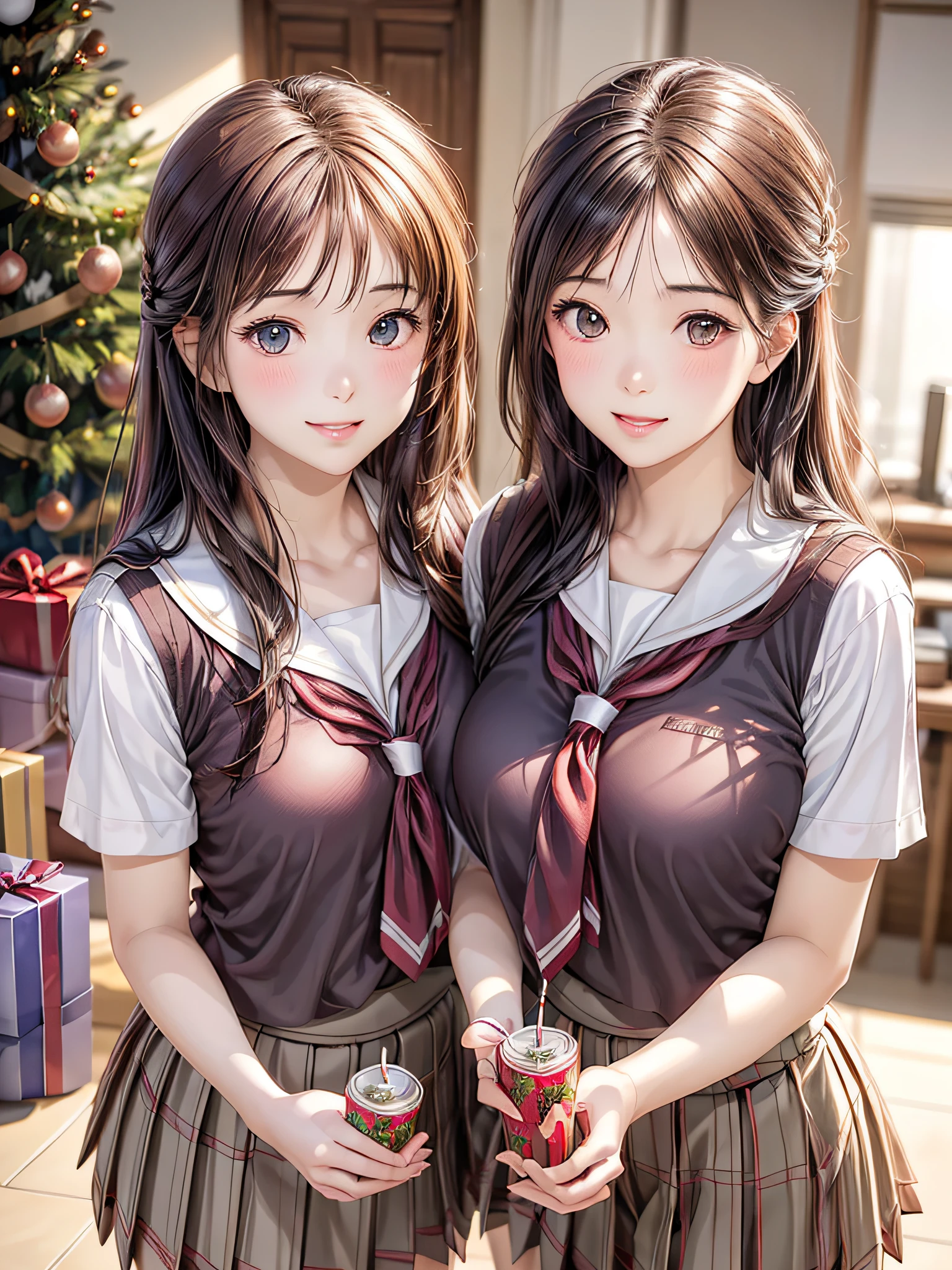 (2girls:1.4), Extremely cute, amazing face and eyes beautiful nice smile), (extremely detailed beautiful face), bright and shiny lips, (School uniform, Pleated skirt:1.3), (Best Quality:1.4), (hyper quality), (Ultra-detailed), (Hyper-realistic, Photorealsitic:1.37), Authentic skin texture, intricate-detail, extremely detailed CG unified 8k wallpaper, RAW Photos, professional photograpy, Cinematic lighting, Exposing, Christmas tree, Christmas Ornaments, Christmas Decorations, Christmas Lights, Christmas Lights,
