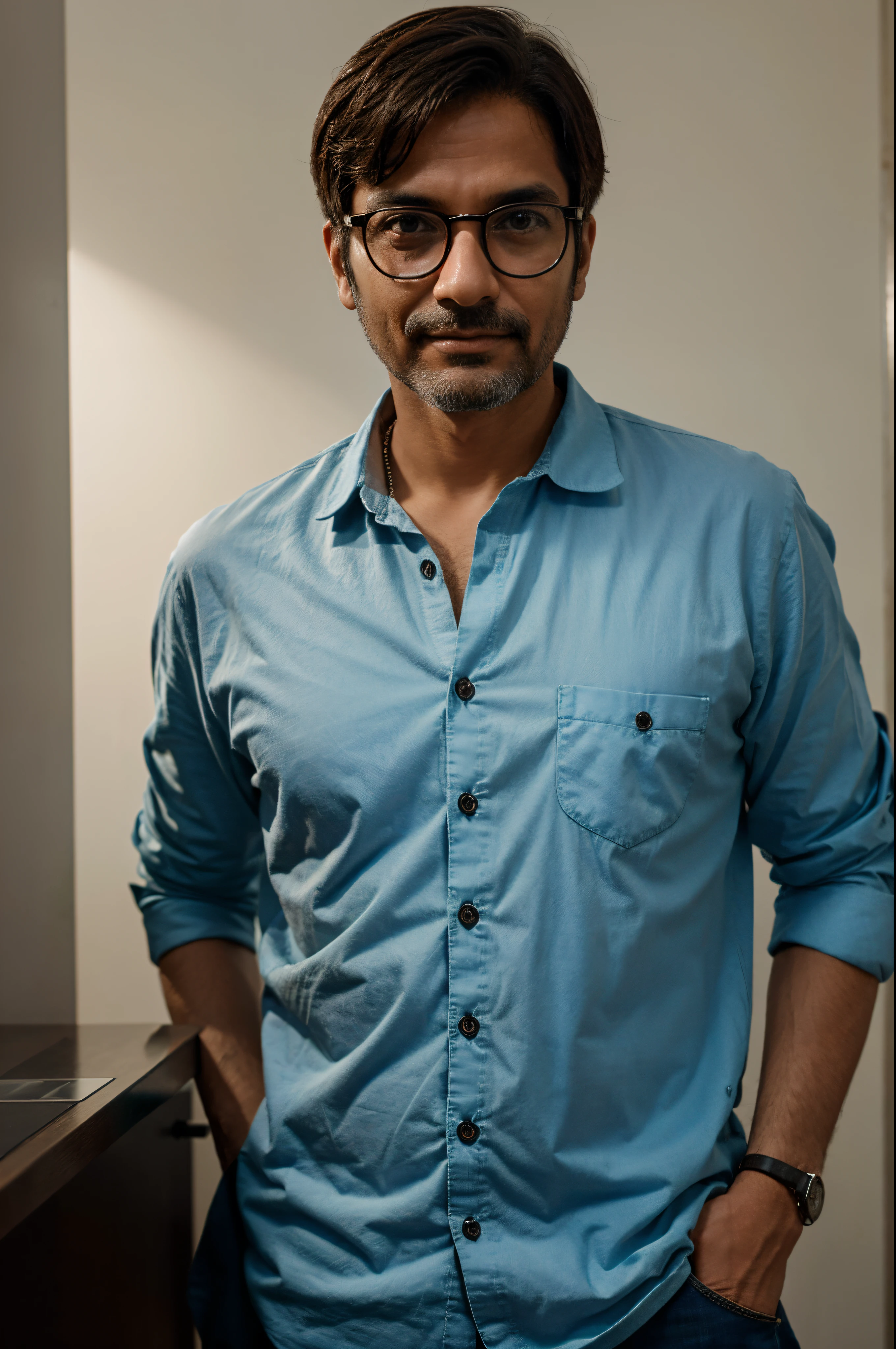 Cientista indiano, homem, 40 anos, bespectacled.