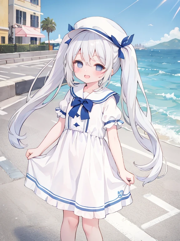 Cute  girl standing on the street in Mediterranean port city,Wind,pale blond hair, Blue eyes,very long twintails,White Dress,White hat,Blue sky,Laugh,double tooth,Closed eyes,Looking at Viewer,Lens Flare,Dramatic, Coastal