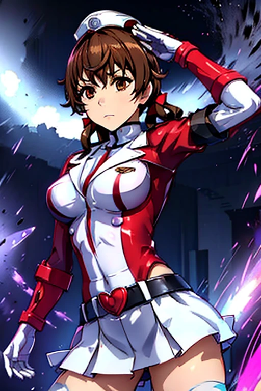 White gloves, red eyes, white jacket, white skirt, best quality, masterpiece, Highly detailed, illustration, absurdres, white military uniform, white uniform, white hat, gloves, standing, girls, multiple girls, expressionless, blank eyes, looking at viewer, emotionless, corrution, mind control, female combatant, full body, hypnotized, unhappy trance, perfect female body, extremely glossy latex, belt, hypnosis, hypnoLora, empty eyes, Mind control device, thigh high, poses, submissive_pose, rubber bodysuit, nazi saluting, military, military saluting, salute, Bleach, Quincy, tight miniskirt, brown hair, brown eyes, Menjou Hare, Guilty Crown