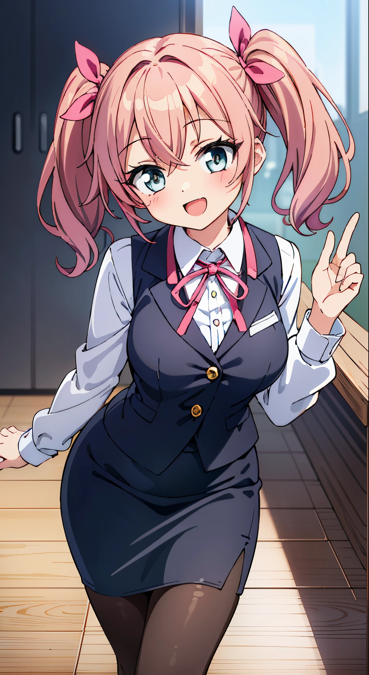 (masutepiece, Best Quality, Perfect Anatomy, High quality:1.4), absurderes, absolutely resolution, unbelievable Ridiculous, hight resolution, ultra-detailliert, Official art, Unity 8k壁纸, Kinetic typography,nice hand, Perfect hands, Detailed beautiful hands, Large_filesize, fulcolor, hight resolution, symmetric, exceptional, Best aesthetic, newest, Anime, very beautiful detailed body,The hair,faces,The eye, BREAK, 1 beautiful girl, Solo,(Cute:1.5),(Chibi:0.8), (kawaii:1.5),(Lori:0.5), BREAK, (girl, Cute, Cheerful, Loli face, medium breasts:1.2),(Pink hair,disheveled short twin tails,tareme,Gold eyes:1.2),gleaming skin,Clear skin, cleavage of the breast,Beautiful , gleaming skin,Clear skin, Beautiful skin,( A smile:1.5),(best quality face),(Top quality glowing eyes), (The best smile,Doya face:1.45),

BREAK,(white and gray theme:1.3), (wearing in [[white and gray check pattern]] Vest worn over white collared long-sleeved shirt:1.4), (gray vest with buttons:1.2),
BREAK (Pink Theme:1.2), (pink ribbon bow:1.3),
BREAK (Black theme:1.4), (Tight black pencil skirt:1.5), (pantyhose:1.3), (high-heels:1.1),


BREAK ,(Office, desk work, whiteboard, sofa, buildings from window,Makuhoku Computer,
(upward looking gaze :1.2) ,
Looking Up ,
From  above ,depth of fields,

 BREAK,wakame,wakame,wakame,(Cowboy Shot:1.4), 

BREAK,(Blurry background:1.3),(absurderes, hight resolution, Super Detail Art),cel shading,Clear Color, Lonely optical effect, Beautiful pictures, Bright glow, mystic atmosphere,(Close-up of girl:1.1), Mystical light particle effect,manga influence, clean line drawings,