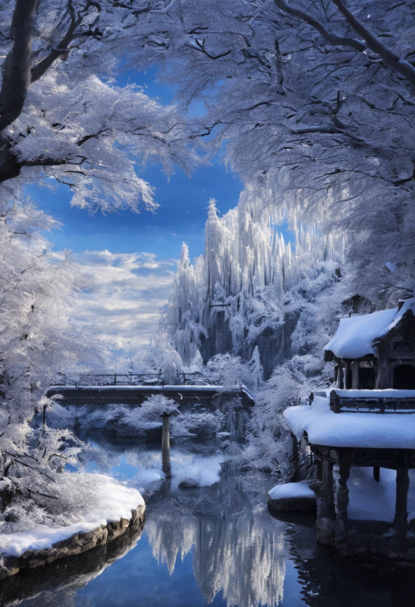 In a winter wonderland,We can see mountains and forests covered with snow,Shining with a silver-white light。The branches are covered with crystal clear hangings,
It will sparkle with strange brilliance when exposed to light。Lakes and rivers are also covered in and snow,Wonderful patterns formed on the ,Makes you feel like you have entered a fairy tale world。
Hollywood science fiction movie scene,Epic reality, ultra real photo, ultra - detailed, tmasterpiece
