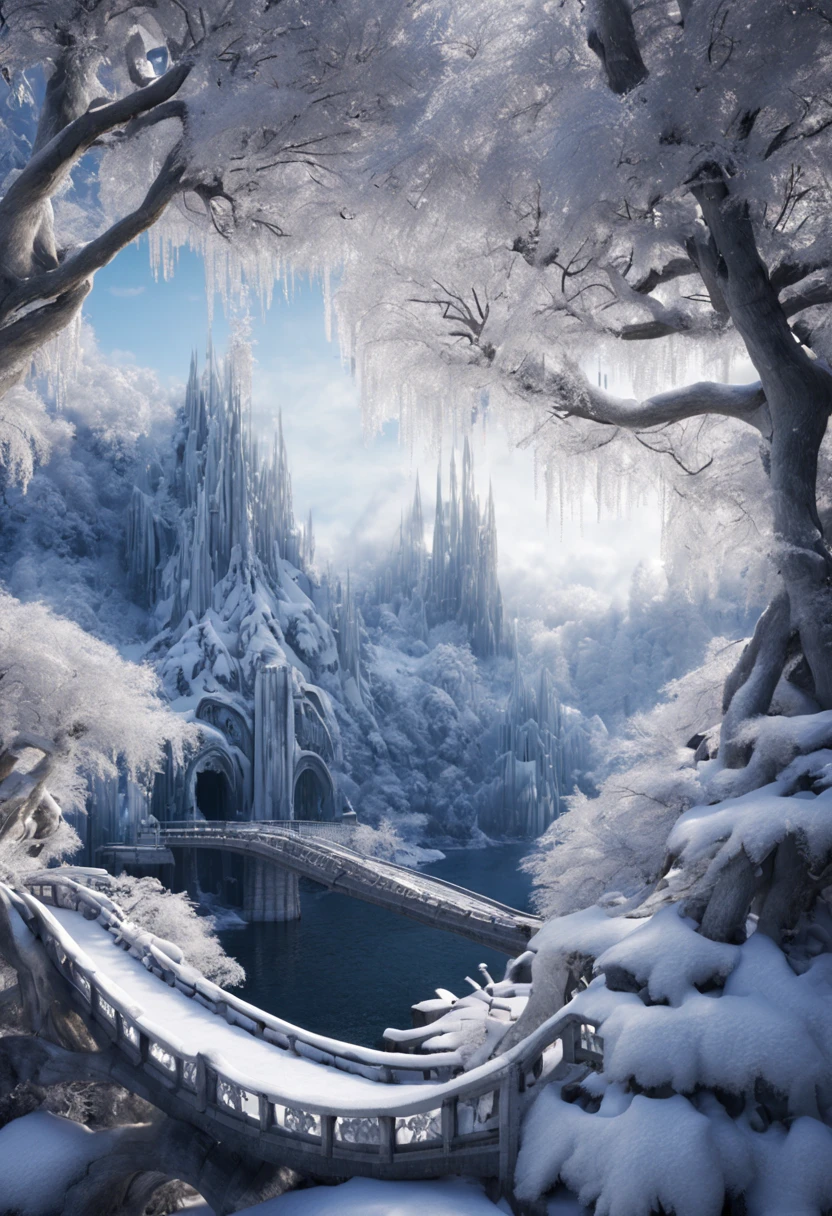 In a winter wonderland，We can see mountains and forests covered with snow，Shining with a silver-white light。The branches are covered with crystal clear  hangings，

      It will sparkle with strange brilliance when exposed to light。Lakes and rivers are also covered in  and snow，Wonderful patterns formed on the ，Makes you feel like you have entered a fairy tale world。
  
        Hollywood science fiction movie scene，Epic reality, ultra real photo, ultra - detailed, tmasterpiece