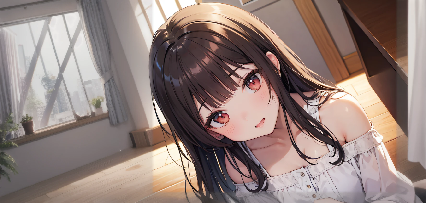 The background is the living room、a bed、walls、window