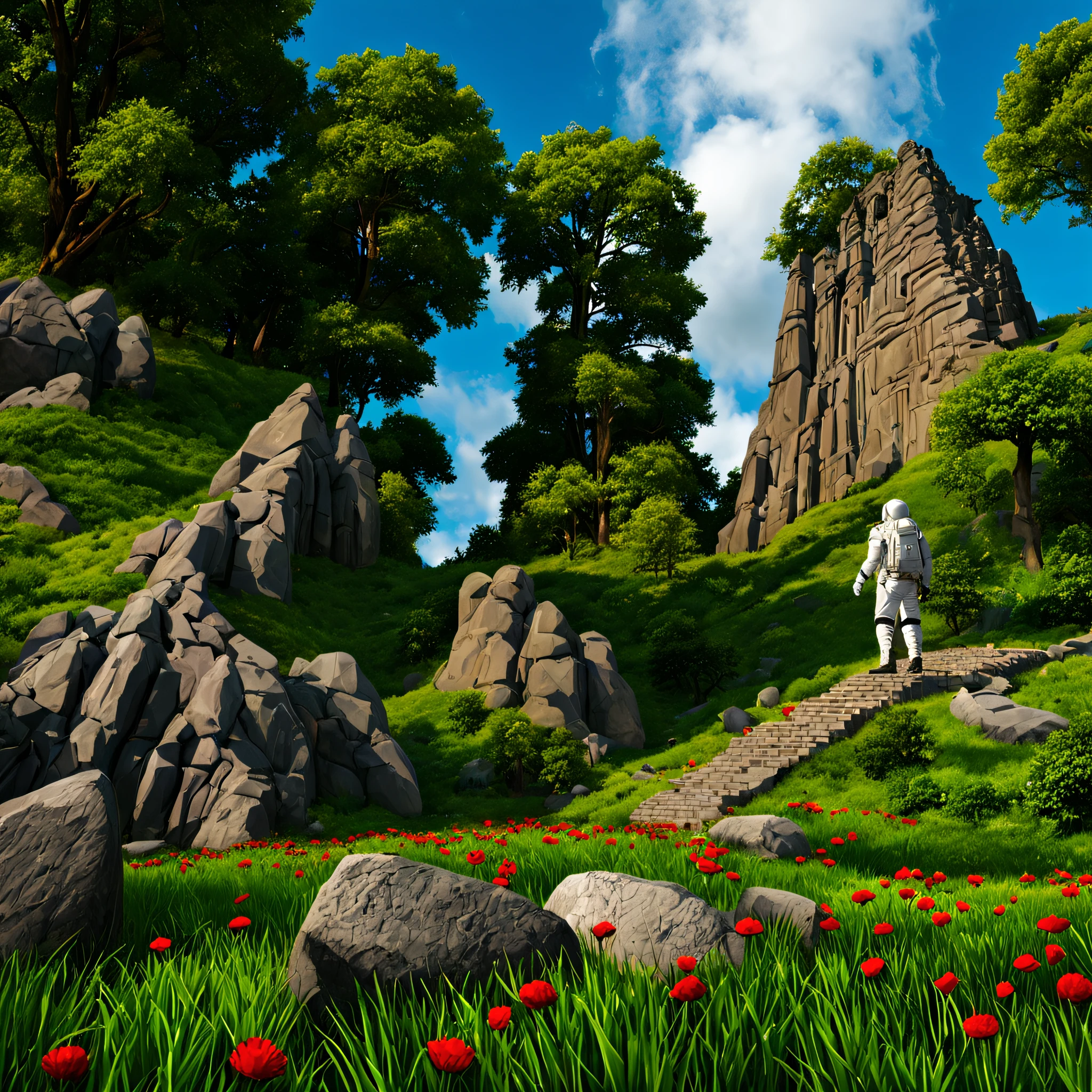 create a digital matte painting of a forest with many tall, green trees, with giant rocky mountains in a science fiction movie setting with ancient stone temples embedded in high rocks in a clearing in the center of a dense and wide forest of giant trees and plants,in the sky of this illustration, um astronauta masculino com uniforme branco caminha em uma estrada de pedras perto do solo, em frente a uma escadaria gigante de um templo, Detailed and realistic close-up of the astronaut and a field full of red flower buds on the green grass ground next to a path next to the green grass towards the large forest and situated in the background of the scene against the background of a blue sky with 3D clouds white, ultra realism in the matte painting cinematography of the illustration based on the matte painting art of artist Albert Whitlock