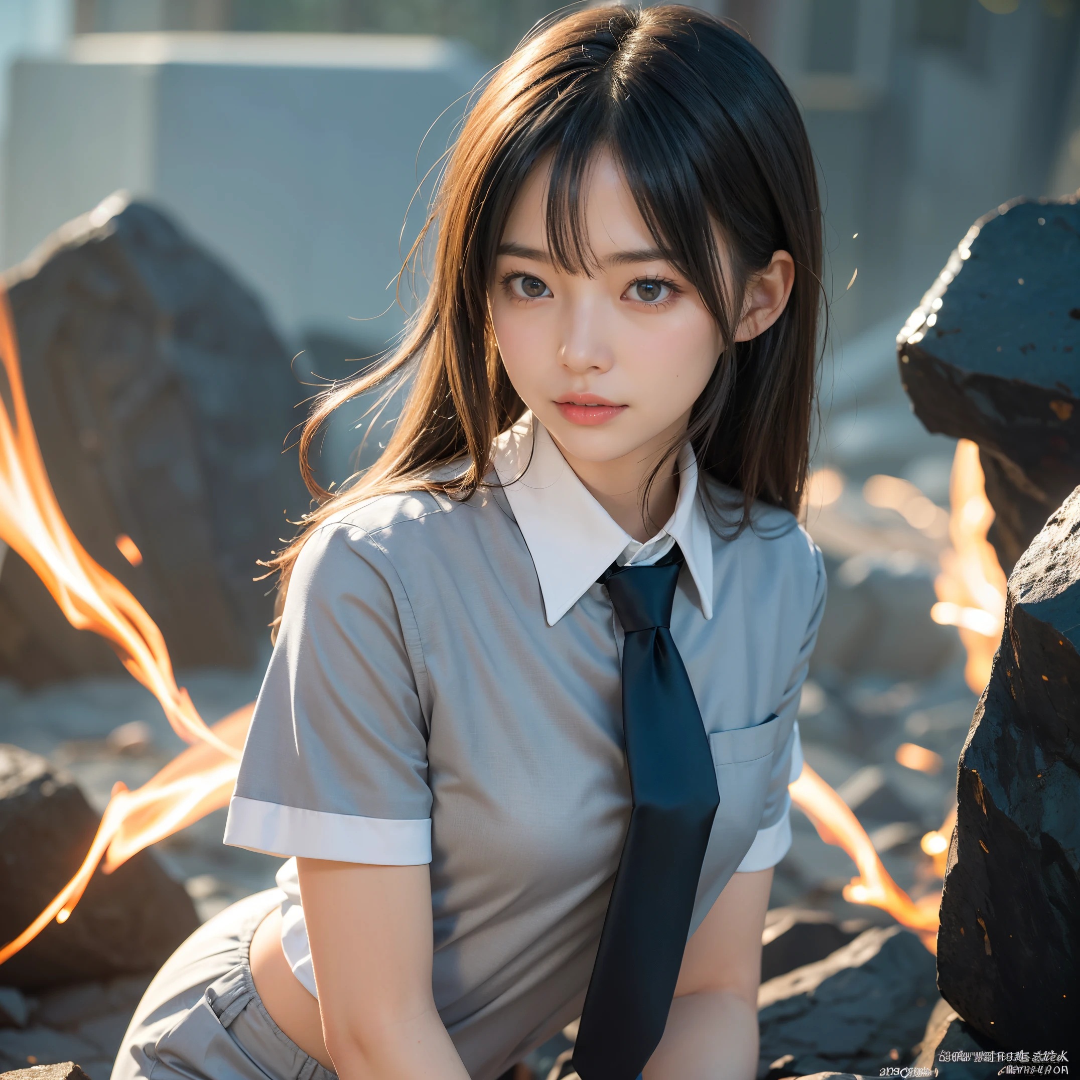 (masutepiece, Best Quality:1.2), 8K, Official art, Wearing a suit、Photo of Five Fingerl's body, full body Esbian、Suit Beauty、Big Dipper in the background、star explosion、Beautiful barefoot woman with dark hair, hold a flame in your right hand、tie a tie with your right hand、Turn your face up、looking-down、cool expression、Bright lava light rises above the broken Earth from beneath the asteroid belt(Jagged rock rocks and fragments shot into the air:1.3) (Storm of windy dust debris:1.1) Volume fogmist by trace Z、It can allow bright light from below to pass through、 (masterpiece) (top-quality) (detaileds) (8K) (电影灯光) (foco nítido) (Convoluted)A dark-haired、14years、small tits、A delightful、A smile、unbelievable Ridiculous, (a beauty girl, Pretty Face, arching back down, Gold hair ornament on hair、wearing a suits、close up, Wearing a suit, Short sleeve, gardenia, violaceaess, spaces , Looking at Viewer, Film grain, chromatic abberation, Sharp Focus, face lights, Dynamic lighting, Cinematic lighting, Eyes and faces with detailed, (Gray tie、1 copy:1.2)