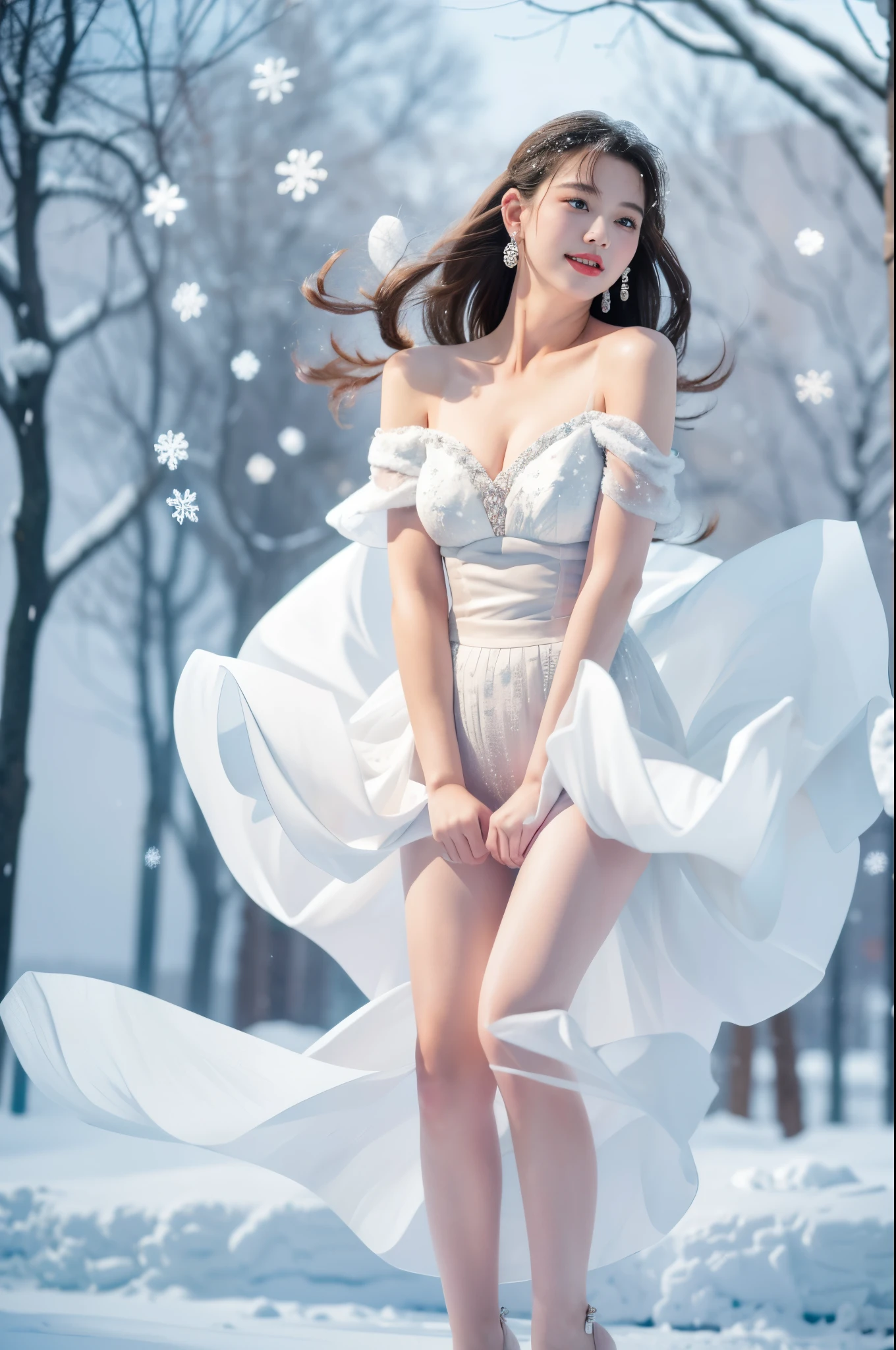 tmasterpiece、quality、ultra - detailed、Marilyn Tagirth，Focus on thighs and above，Clear face，（Best quality at best）， beuaty girl：1.5、Red fluffy off-shoulder dresig wind，long hair fluttering，Snowflake earrings、snowflakes falling、bblurry、Snow World