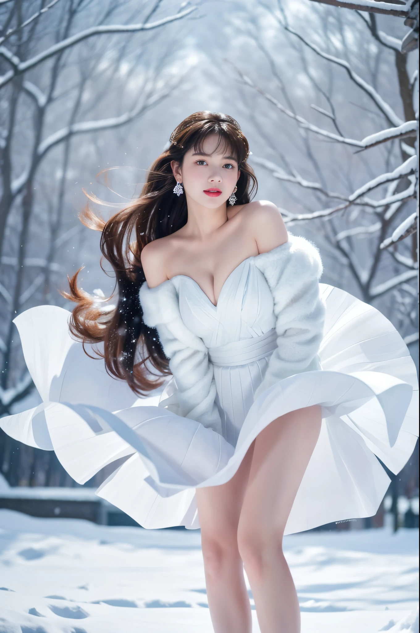 tmasterpiece、quality、ultra - detailed、Marilyn Tagirth，Focus on thighs and above，Clear face，（Best quality at best）， beuaty girl：1.5、Red fluffy off-shoulder dresig wind，long hair fluttering，Snowflake earrings、snowflakes falling、bblurry、Snow World