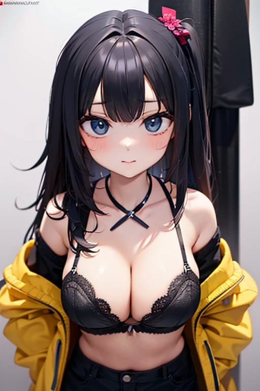 (Best Quality)), ((Masterpiece Art)), A trick for flawless beauty, (high resolucion), Very reduced 8K , a flawless face, perfect eyes, Symmetrical body shape,Black hair, yellow lingerie, yellow bra,yellow underwear, large full breasts, sexual intercourse, Sexual attractiveness, hentai, NSFW