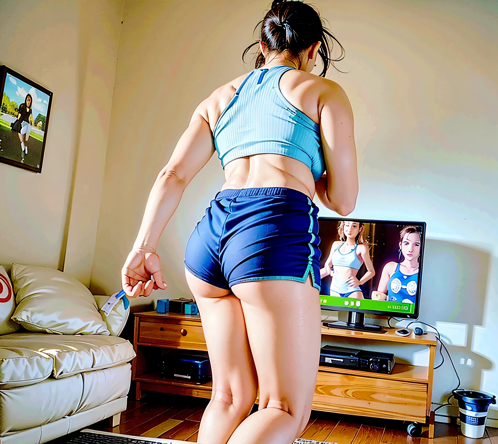 tem uma mulher de blusa azul e branca jogando videogame, sport bra and dark blue shorts, sport bra and shorts, Bermuda, Back from Toned, malhar, Tiroteio costeiro, tiro longo das costas, tiro longo de costas, tiro nas costas, Back view!!, booty shorts, Costas - Pneu, tiro pelas costas, tiro traseiro