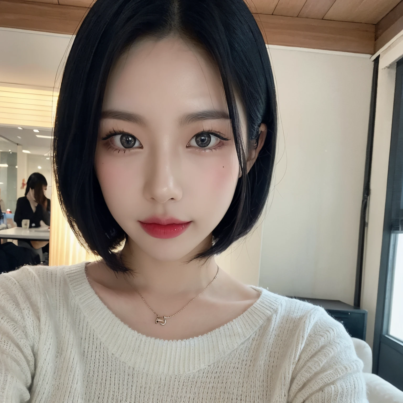 a close up of a woman with a sweater on posing for a picture, Middle metaverse, 奈良美智, Japanese Models, Beautiful Asian Girl, With short hair, 2 4 years old female model, 4 k ], 4K], 2 7 years old, sakimichan, sakimichan