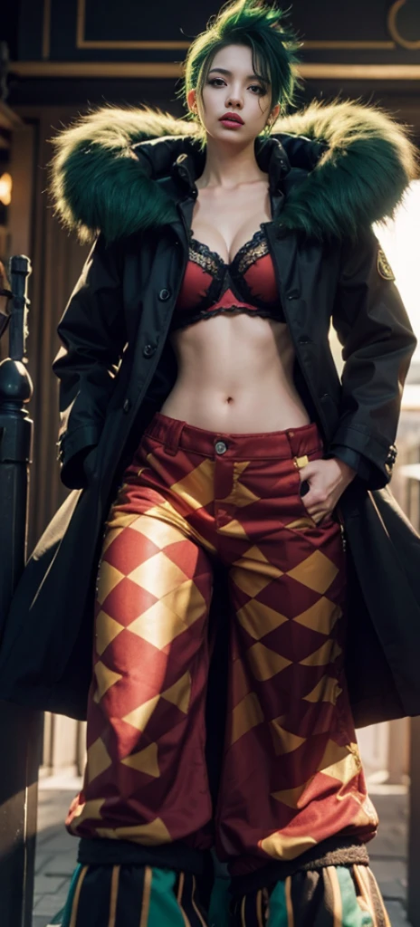 1girl, female bartolomeo in anime one piece, short hair , green hair, hair standing up, medium breast,black bra,  red jacket, fur,  ,yellow and red checked trousers , city background, ultra detail, realistic