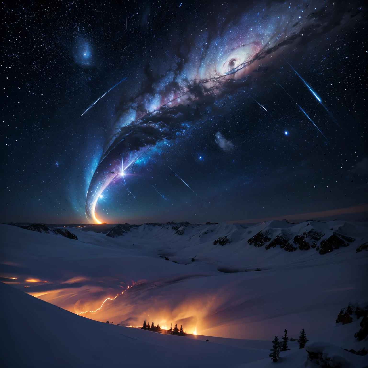 ( starry tornado:1.4), starry Nebula, ((frills)), beautiful detailed sky, blizzard, Looking down on the snowy valley from an altitude of 300 meters, The full moon shines brightly between the stars, illuminating the whole place.