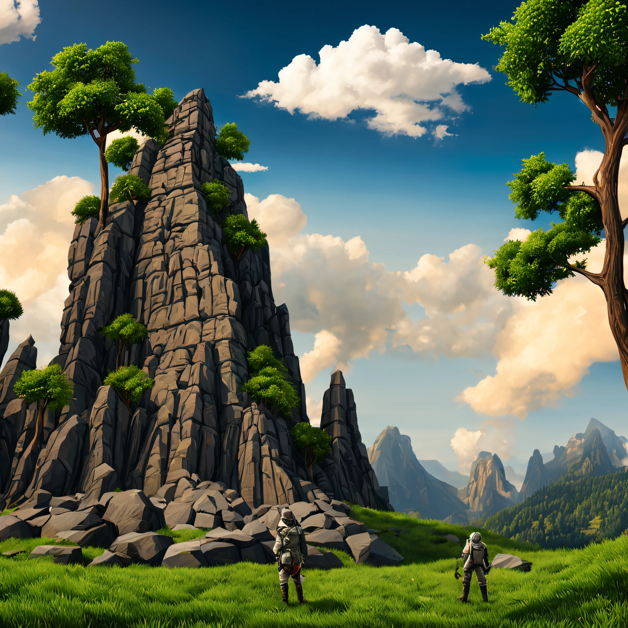 create a digital matte painting of a forest with many tall, green trees, with giant rocky mountains in a science fiction movie setting with ancient stone temples embedded in high rocks in a clearing in the center of a dense and wide forest of giant trees and plants,in the sky of this illustration, um astronauta masculino com uniforme branco caminha em uma estrada de pedras perto do solo, em frente a uma escadaria gigante de um templo, Detailed and realistic close-up of the astronaut and a field full of red flower buds on the green grass ground next to a path next to the green grass towards the large forest and situated in the background of the scene against the background of a blue sky with 3D clouds white, ultra realism in the matte painting cinematography of the illustration based on the matte painting art of artist Albert Whitlock